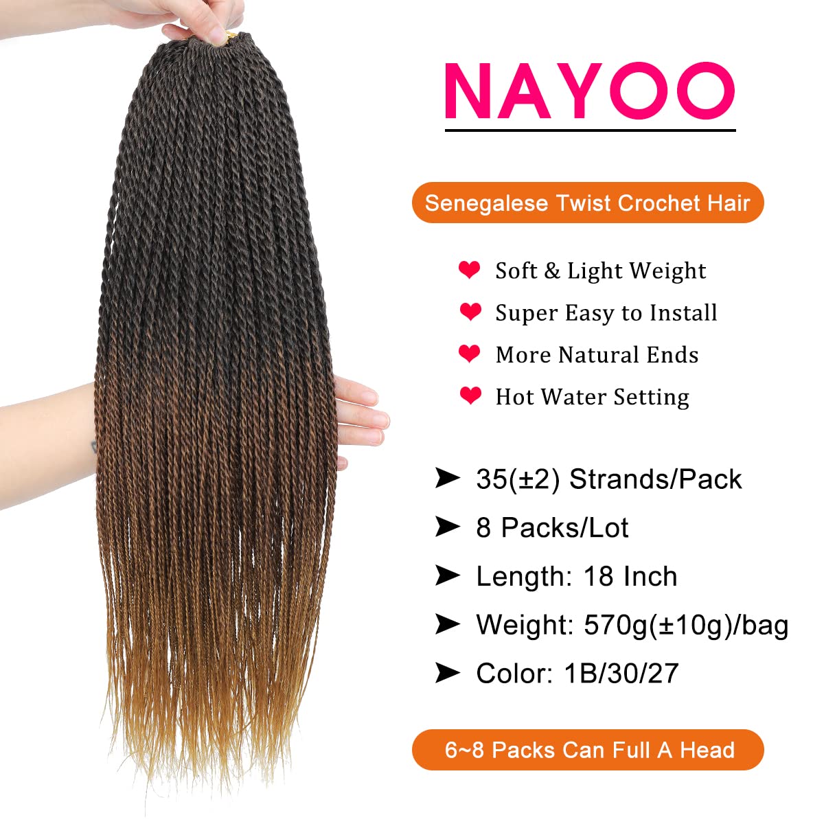 8 Packs Senegalese Twist Crochet Hair for Black Women - 14 & 18 Inch Pre Looped Ombre Crochet Braiding Hair (35 Strands/Pack) | Protective Hairstyles & Natural Hair Care