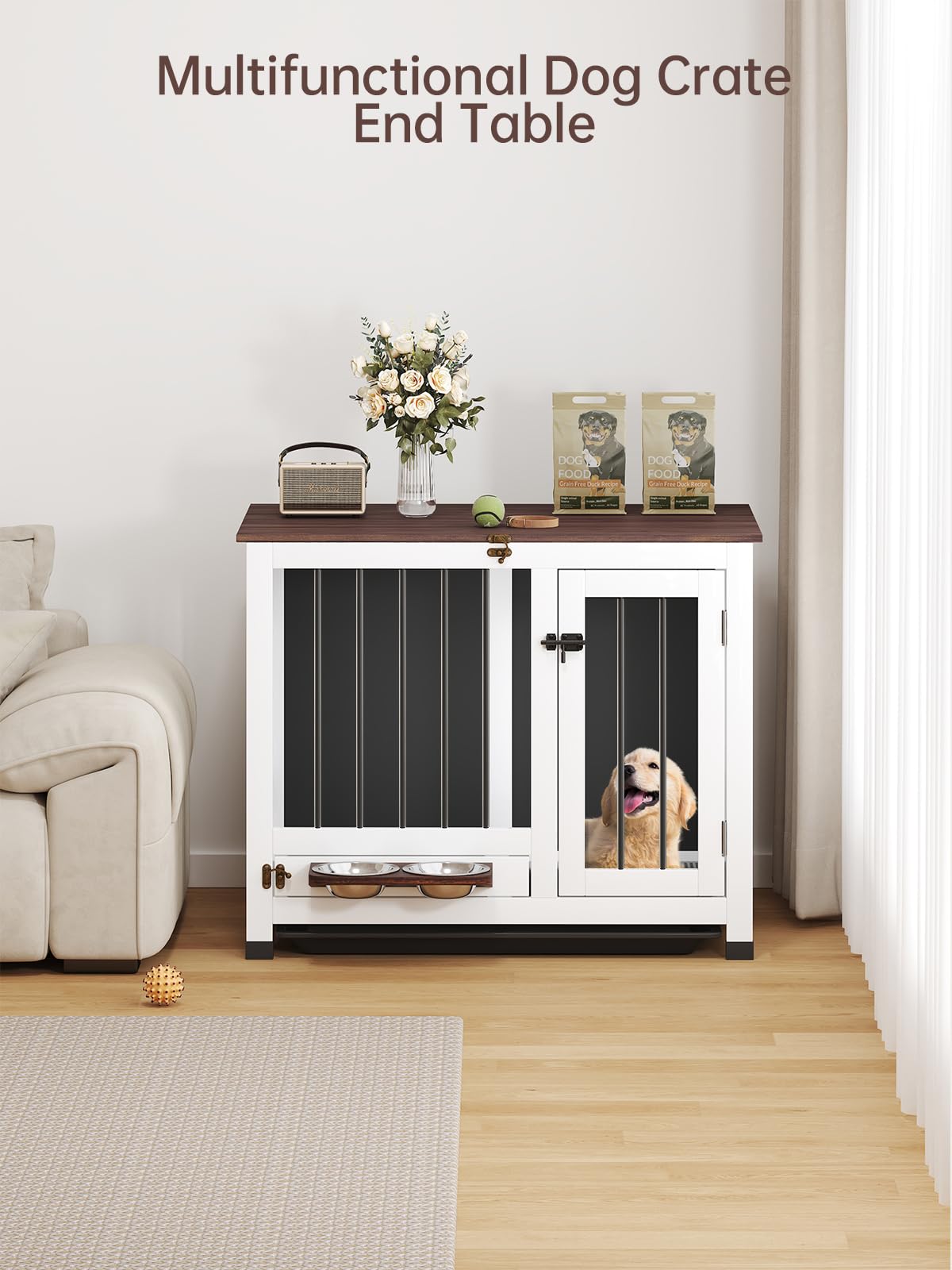 31.5'' Wooden Dog Crate Furniture - Foldable Indoor Kennel End Table with 360° Rotating Feeder & Detachable Tray | Sturdy Portable Pet Crate for Small & Medium Dogs | Perfect for Living Room, Bedroom & Home Decor