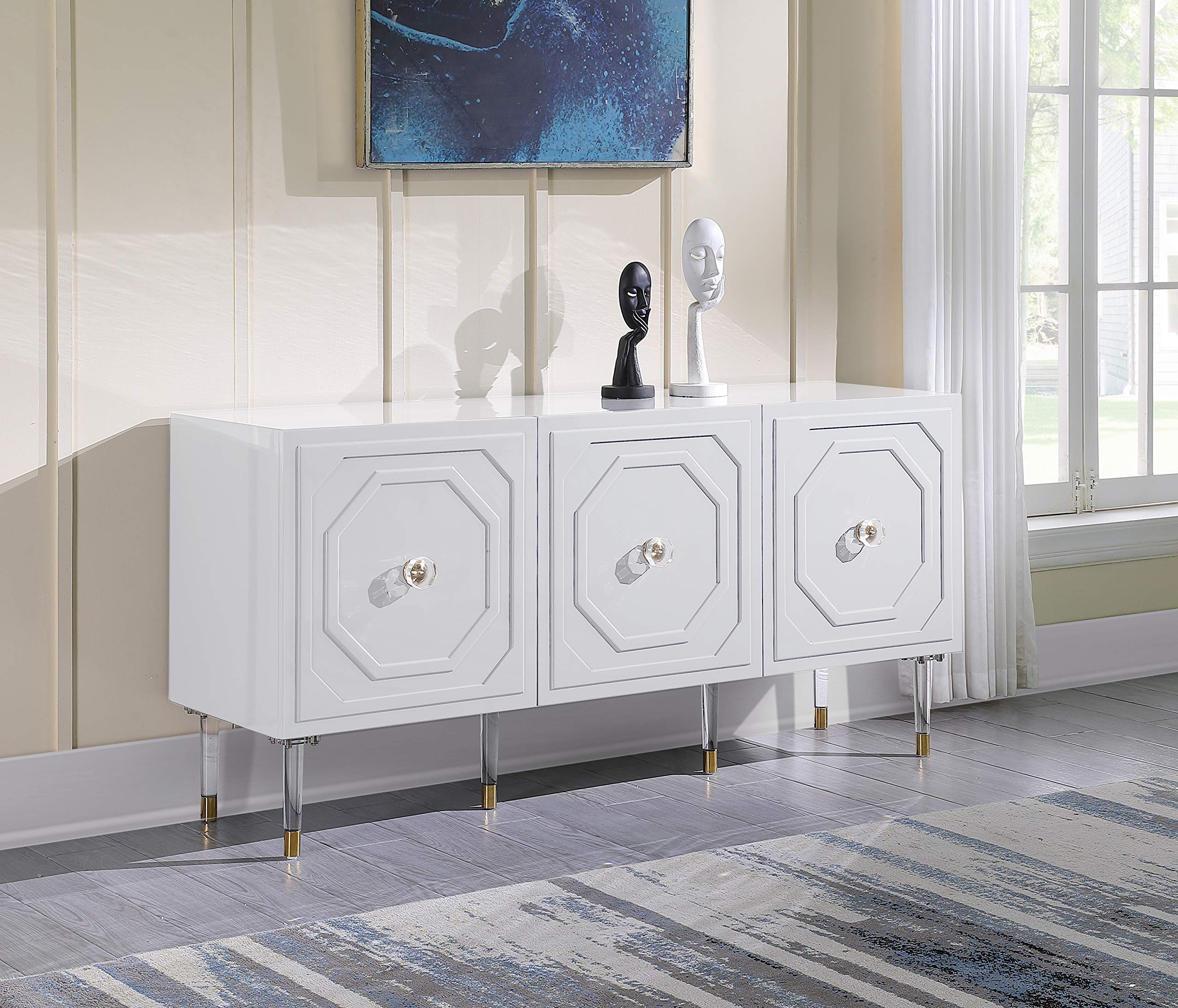 Best Master Furniture Tahlia High Gloss Lacquer Sideboard Buffet with Gold Trim - Modern White Console Table for Dining Room, Living Room & Entryway Storage