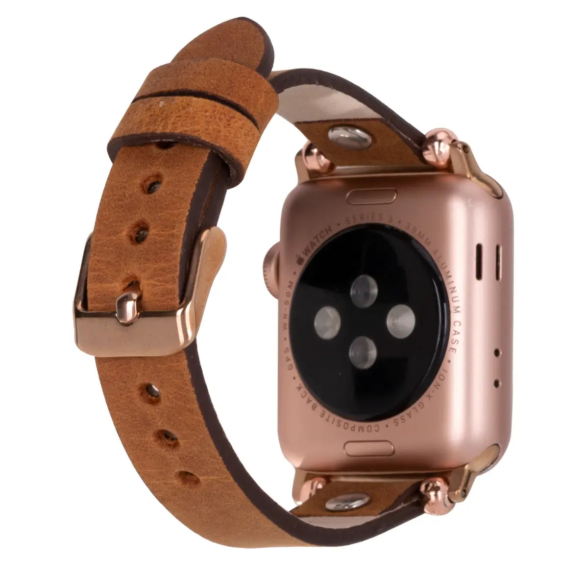 Premium Camel Leather Ultra Slim Apple Watch Band - Silver Rivet Strap for Apple Watch Series 9/8/7/6/SE - Stylish & Durable Replacement Band for Workout, Office & Everyday Wear