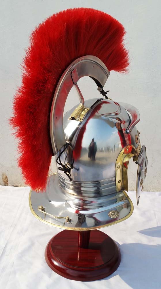 Shiv Shakti Enterprises Roman Centurion Helmet - Medieval Brass Accented Officer Helmet with Red Plume | Costume, Reenactment, Theater & Historical Display