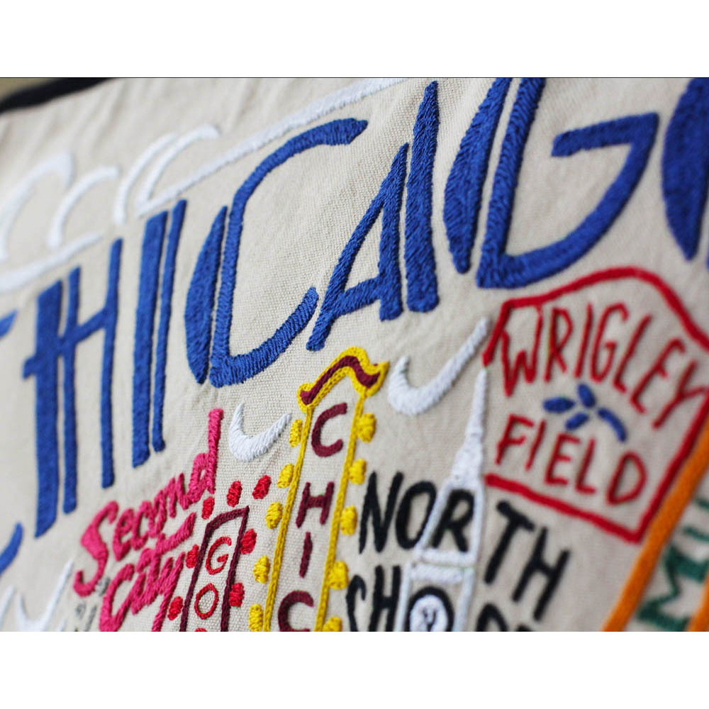 Hand Embroidered Chicago Skyline Throw Pillow Cover - CatStudio Chicago-Themed Home Decor for Sofa, Bedroom & Living Room