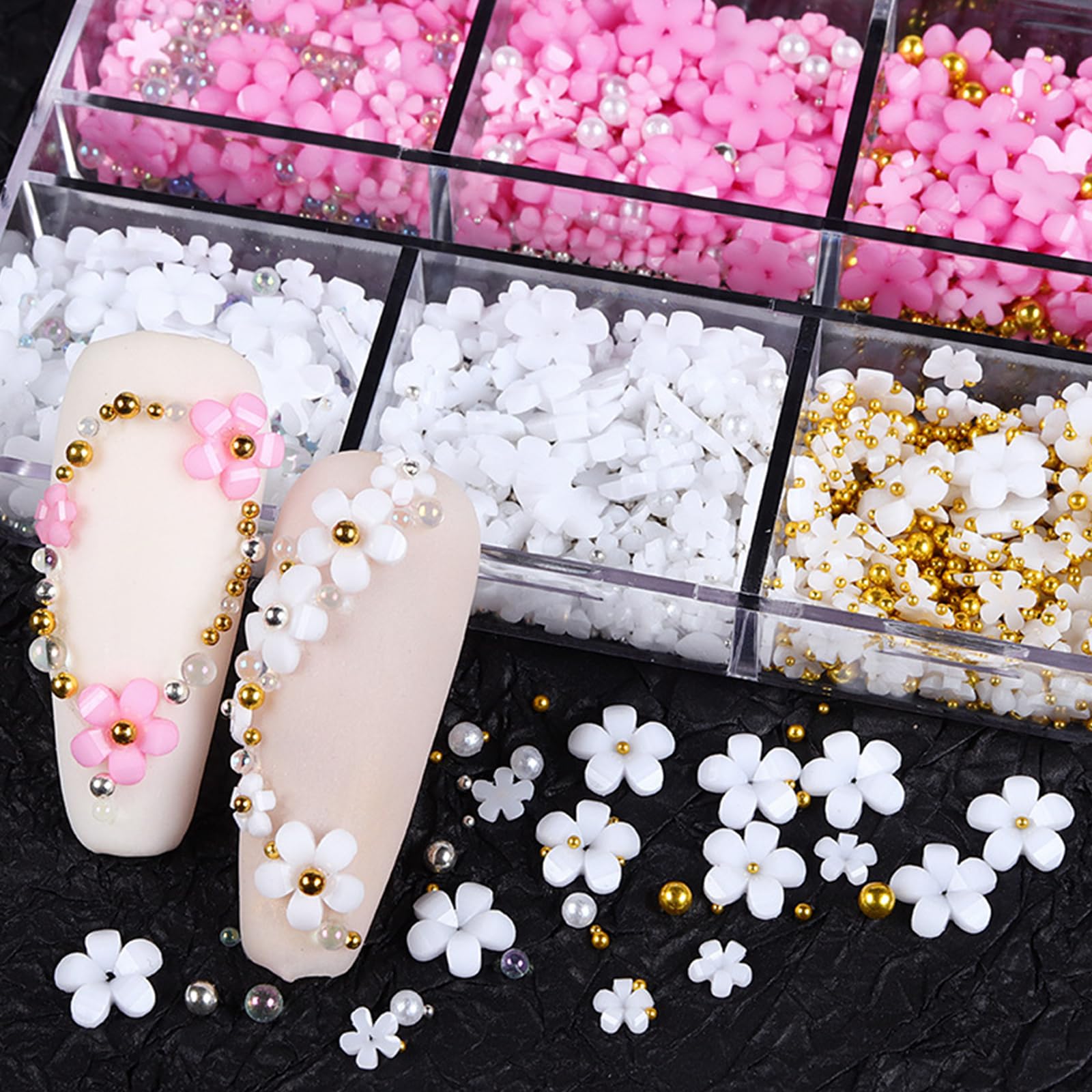 3D Flower Nail Art Charms - White & Pink Acrylic Nail Decor with Gold Silver Pearls & Rhinestones | Spring Blossom Gems for DIY Nail Designs | Perfect for Women's Nail Art, Bridal Nails, and Spring Manicures