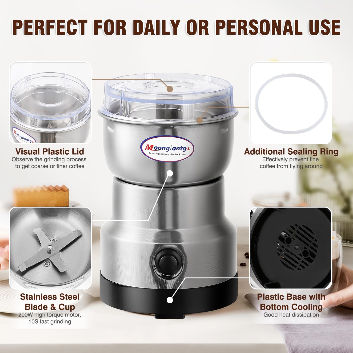 Moongiantgo Electric Coffee Grinder & Spice Grinder - 200W Powerful Motor, 10-Second Fast Grinding, Stainless Steel Blade for Coffee Beans, Nuts, Seeds, Rice & Spices - Perfect for Home Kitchen, Camping & Travel (Silver, 110V)