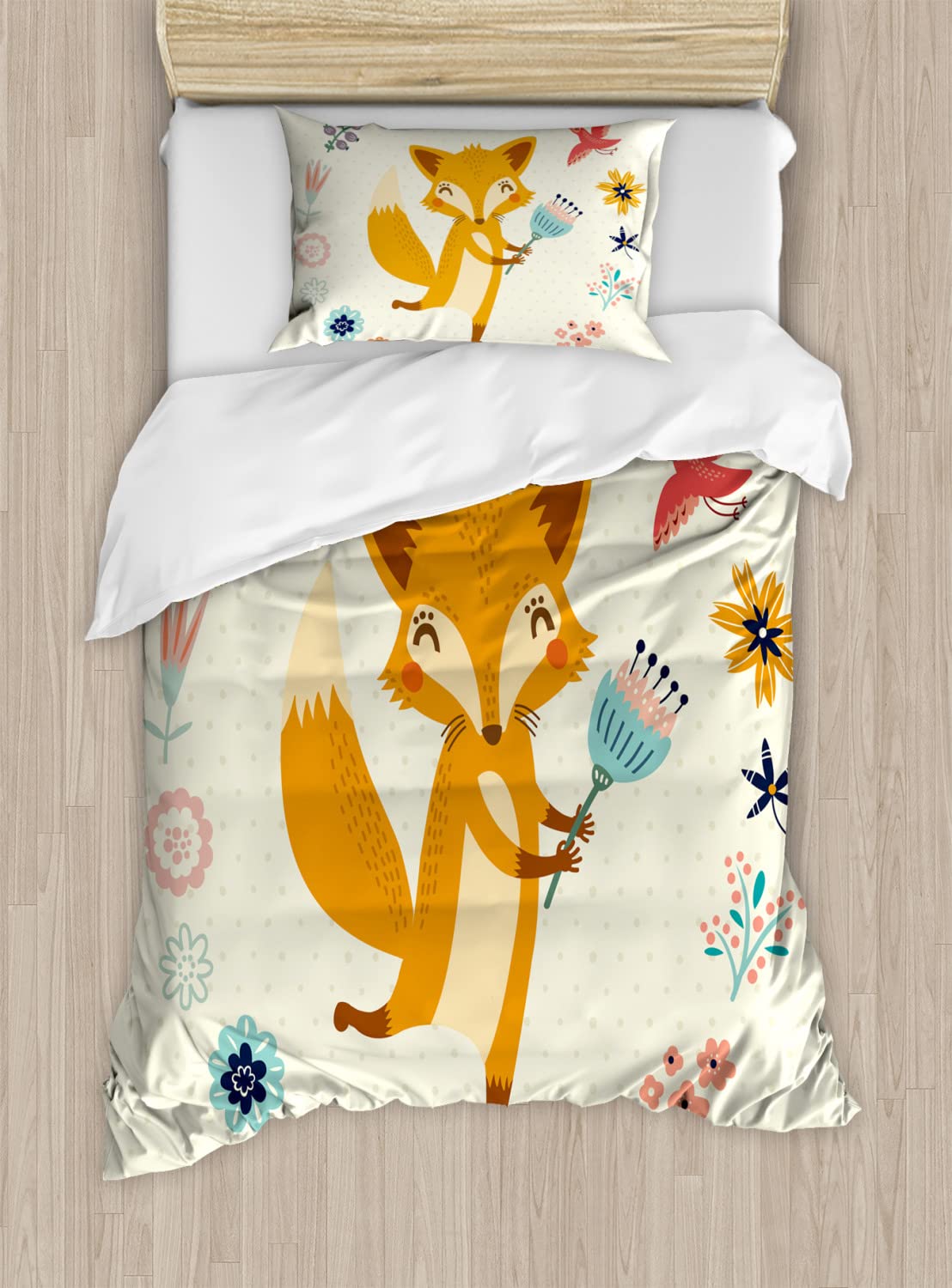 Ambesonne Cartoon Duvet Cover Set - Twin Size 2-Pack with Floral Animal Print, Includes 2 Duvet Covers & 2 Pillowcases, Almond Green & Eggshell - Perfect for Kids Bedroom, Guest Room or Dorm Decor