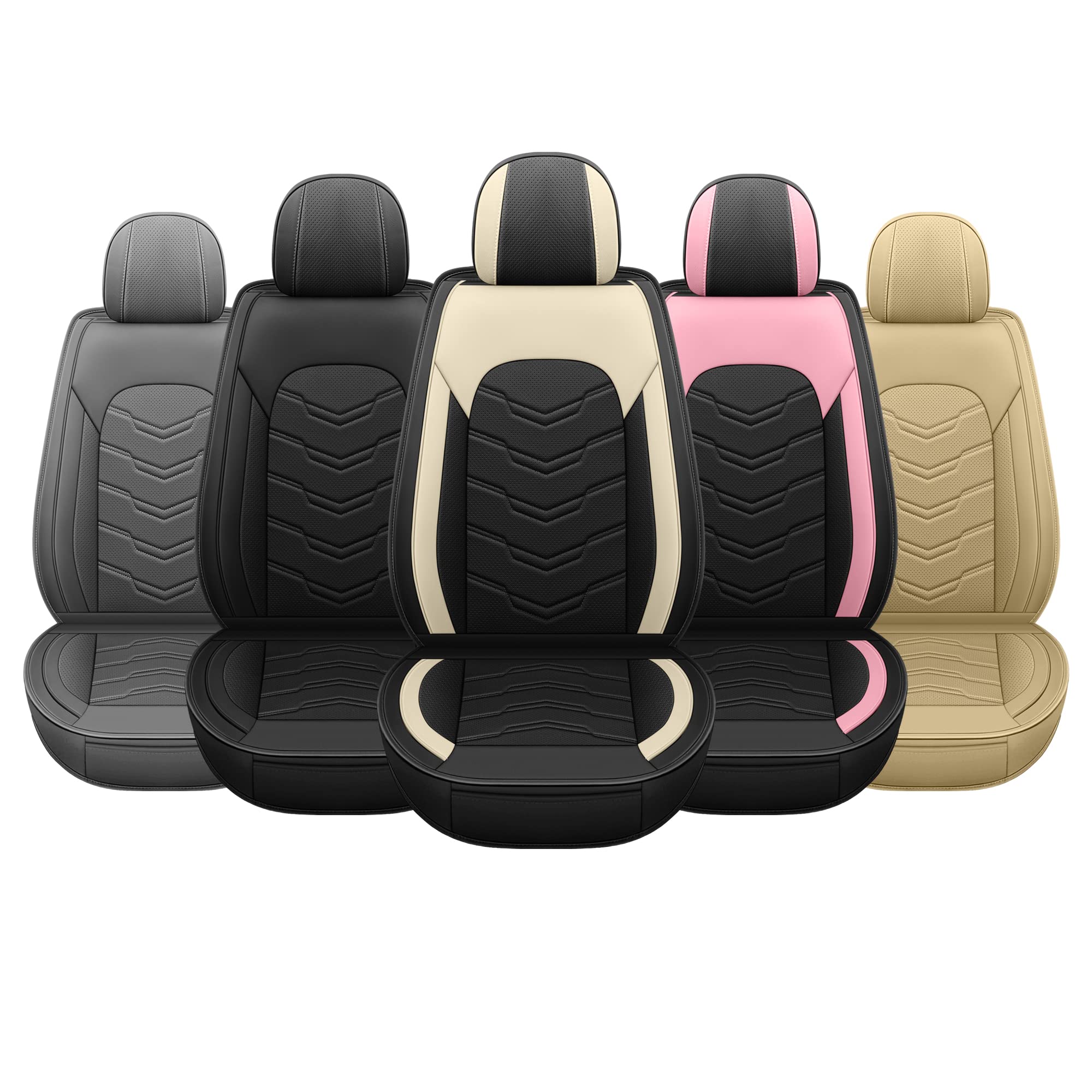 Premium 5-Piece AOOG Leather Car Seat Covers Set - Breathable Faux Leatherette, Non-Slip Waterproof Seat Protectors for Sedans, SUVs & Trucks | Airbag Compatible Beige & Black | Perfect for Daily Commute, Road Trips & Family Travel