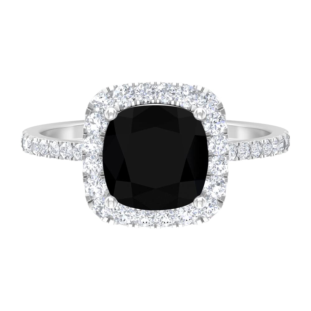 8MM Cushion Cut Black Onyx Solitaire Ring with D-VSSI Moissanite Halo | 14K Solid Gold Engagement Ring | AAA Quality Side Stones Jewelry | Perfect for Wedding, Anniversary & Special Occasion Gifts