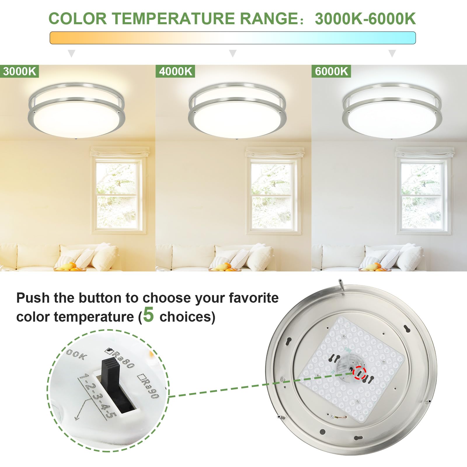 DINGLILIGHTING 30W LED Flush Mount Ceiling Light - 13 Inch Round Brushed Nickel Fixture with 3000K-6000K 5 Color Temperature Adjustable, Super Bright for Living Room Bedroom Kitchen Hallway - Modern Home & Office Lighting Solution