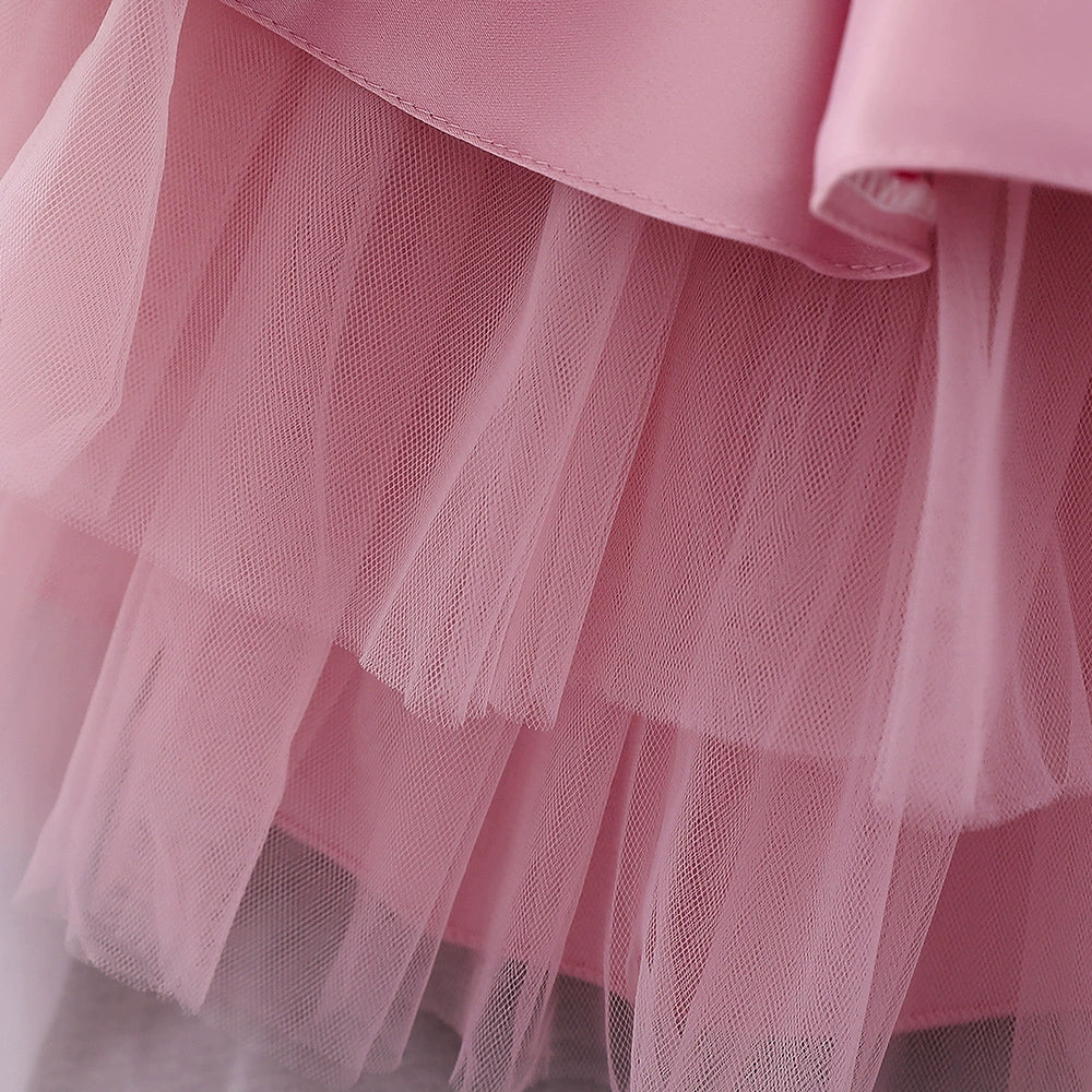 Pink Princess Round Tea Length Satin Flower Girl Dress - Elegant Flower Girl Attire for Weddings, Birthday Parties & Special Occasions
