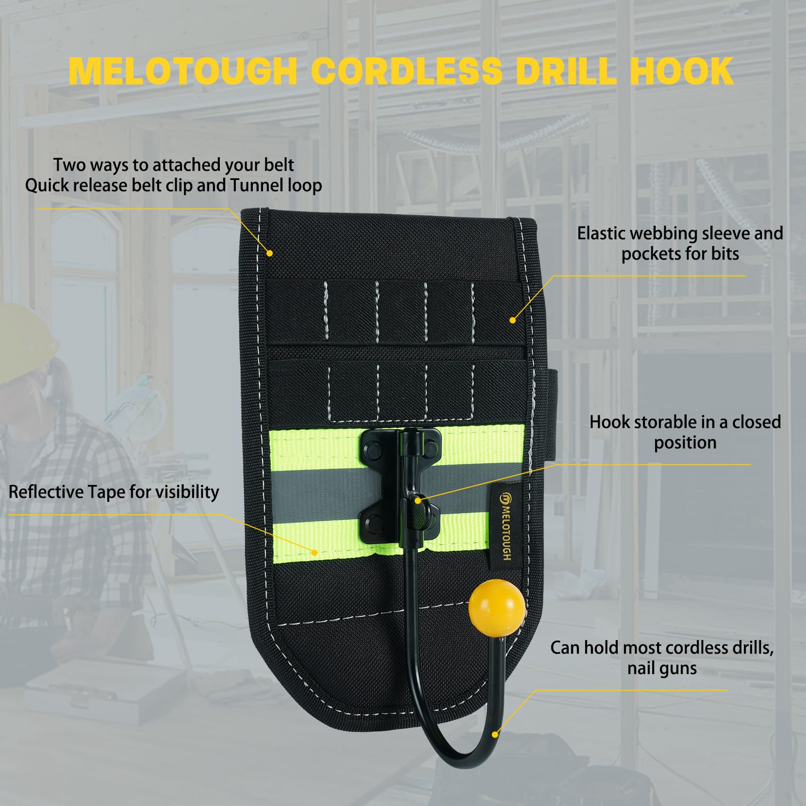 MELOTOUGH Cordless Drill Holder with Hook - Heavy Duty Tape Measure Clip & Power Tool Organizer - Includes Drill Bit Tote & Hammer Belt Holder for DIY, Construction & Home Improvement Projects