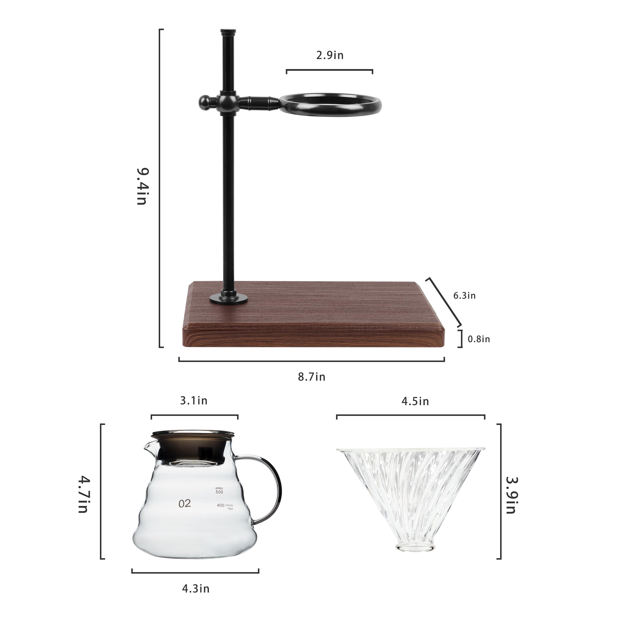 Premium Pour Over Coffee Maker Set - Stainless Steel Adjustable Stand with Wooden Base, Glass Carafe & Paper Filters | Ideal for Home Brewing, Office Use & Specialty Coffee Lovers