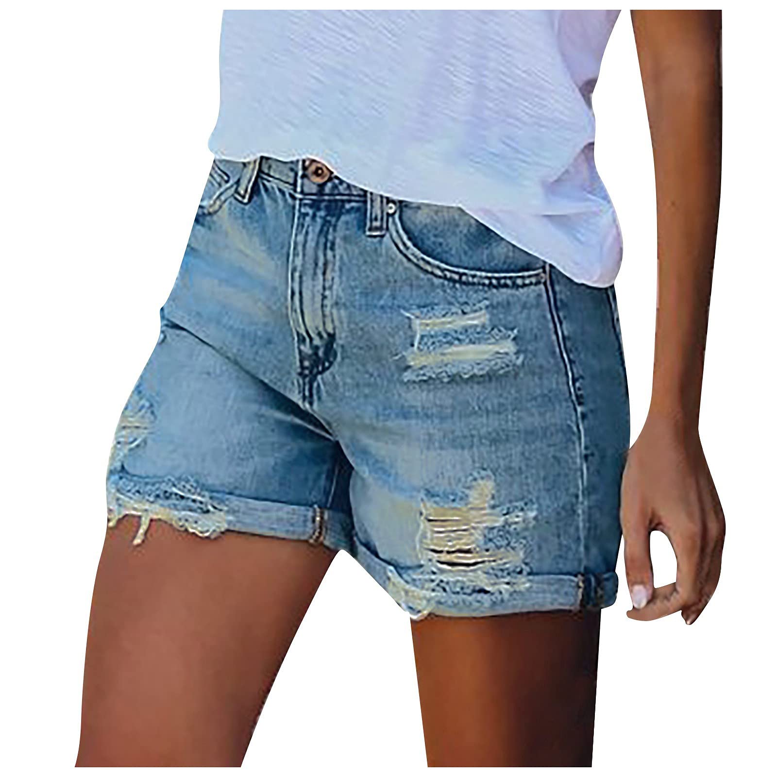 KUIOLYPOER Women's Stretchy High Waist Ripped Denim Shorts - Distressed Frayed Raw Hem Summer Casual Jean Shorts | Perfect for Beach, Vacation, and Everyday Wear