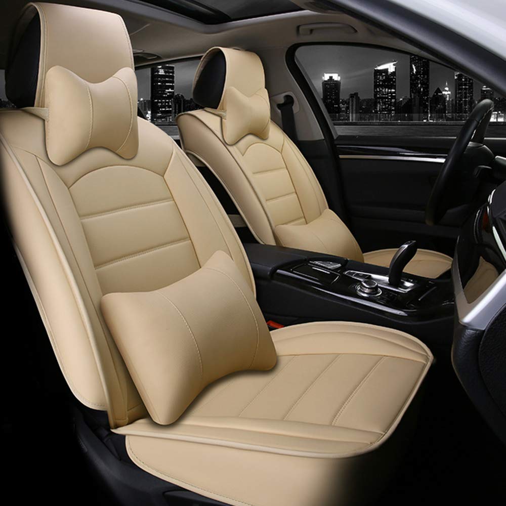 Premium Leather Car Seat Covers for Cadillac CTS 2003-2019 Models - Front Seat Protectors with Comfort Pillows & Cushions, All-Weather Beige Design - Perfect for Road Trips & Daily Commutes