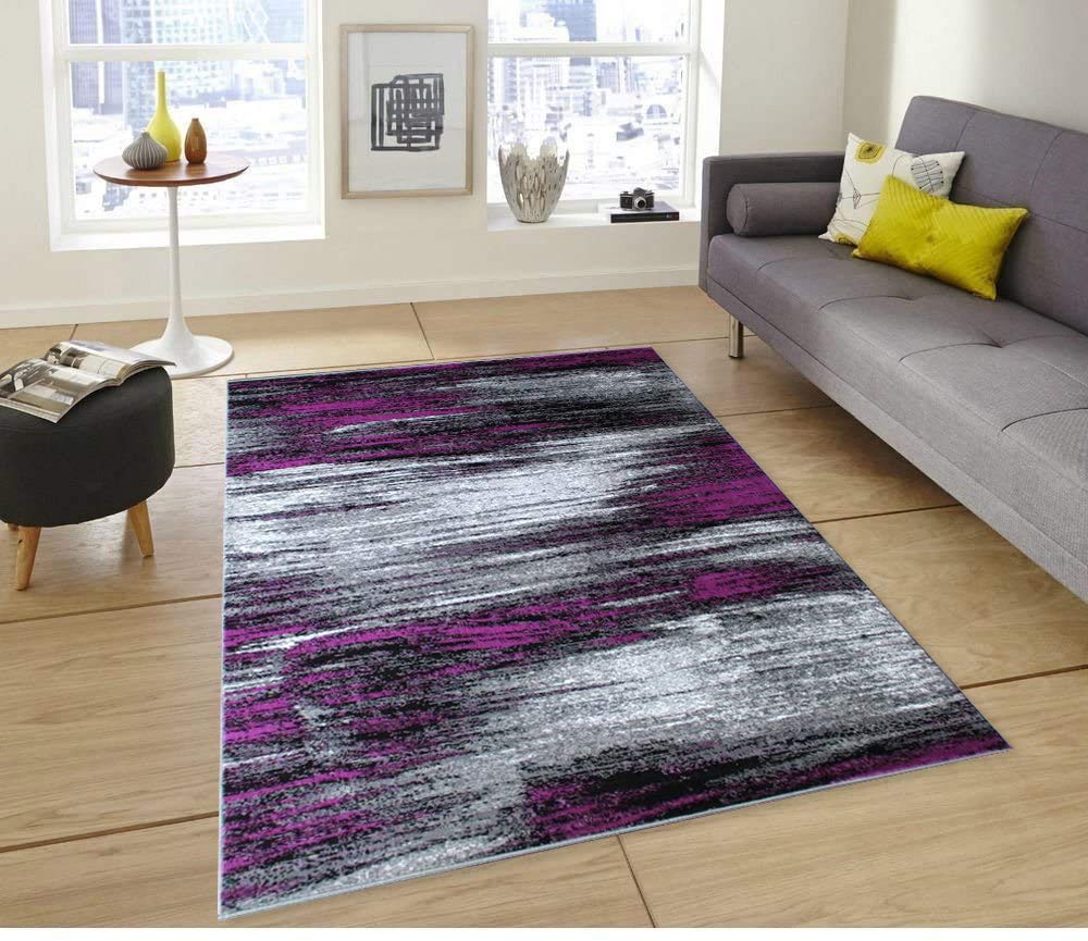 Modern Abstract Contemporary Mixed Colors Carpet - Soft Plush Area Rug in Purple, Grey & Black (7'8