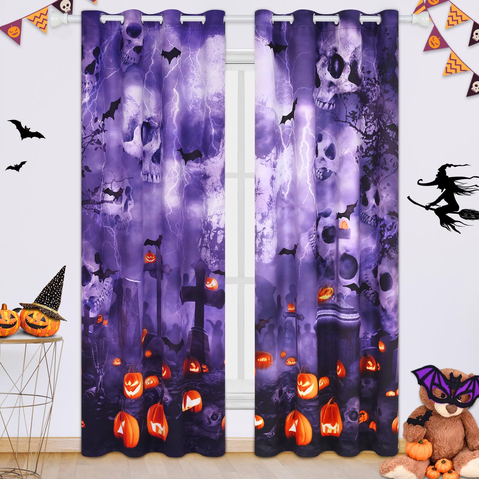 ASPMIZ Halloween Window Curtains - Purple Skeleton & Gothic Pumpkin Design, 52x84 Inch 2 Panels, 80% Blackout Drapes with Grommet Top for Living Room, Bedroom & Kitchen | Spooky Home Decor for Halloween Parties & Gothic Themed Rooms