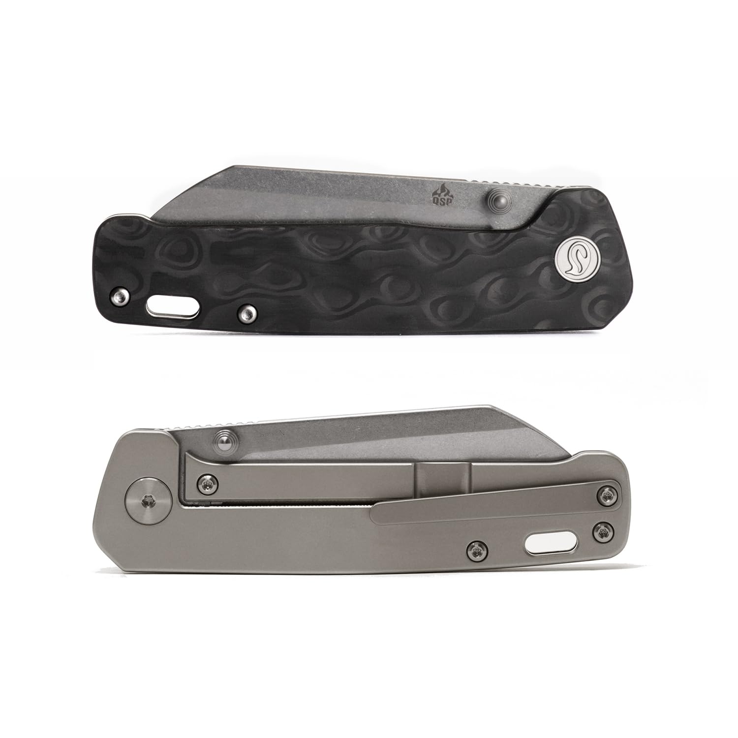 QSP Penguin Titanium Framelock EDC Pocket Knife - Marbled Carbon Fiber Handle, S35VN Steel Blade, Kaviso Exclusive (Stonewashed) | Everyday Carry, Outdoor Survival, Camping & Tactical Use