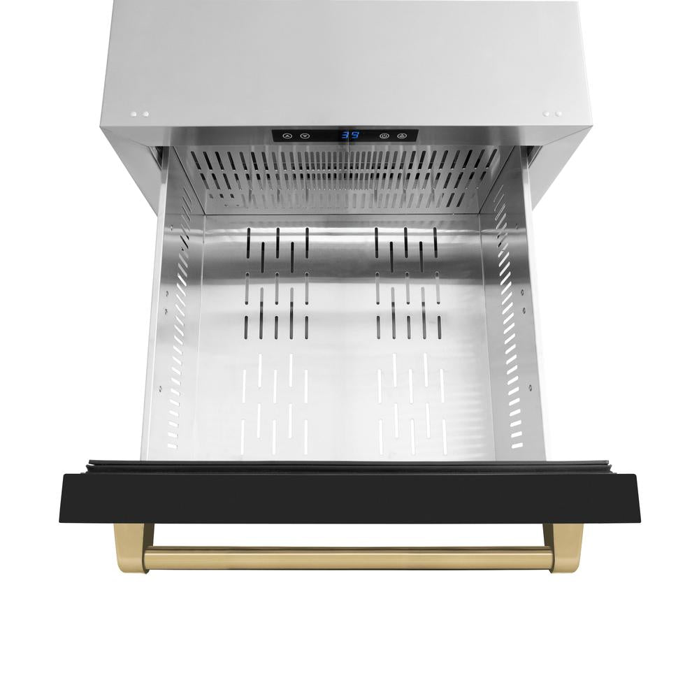 ZLINE Autograph Edition 24 Inch Outdoor Rated Dual Refrigerator Drawer with Black Matte Doors & Champagne Bronze Handles - 168 Can Capacity, Touchstone Series (RDSOZ BLM 24 CB) - Perfect for Outdoor Kitchens, Patio Bars & Entertaining Spaces