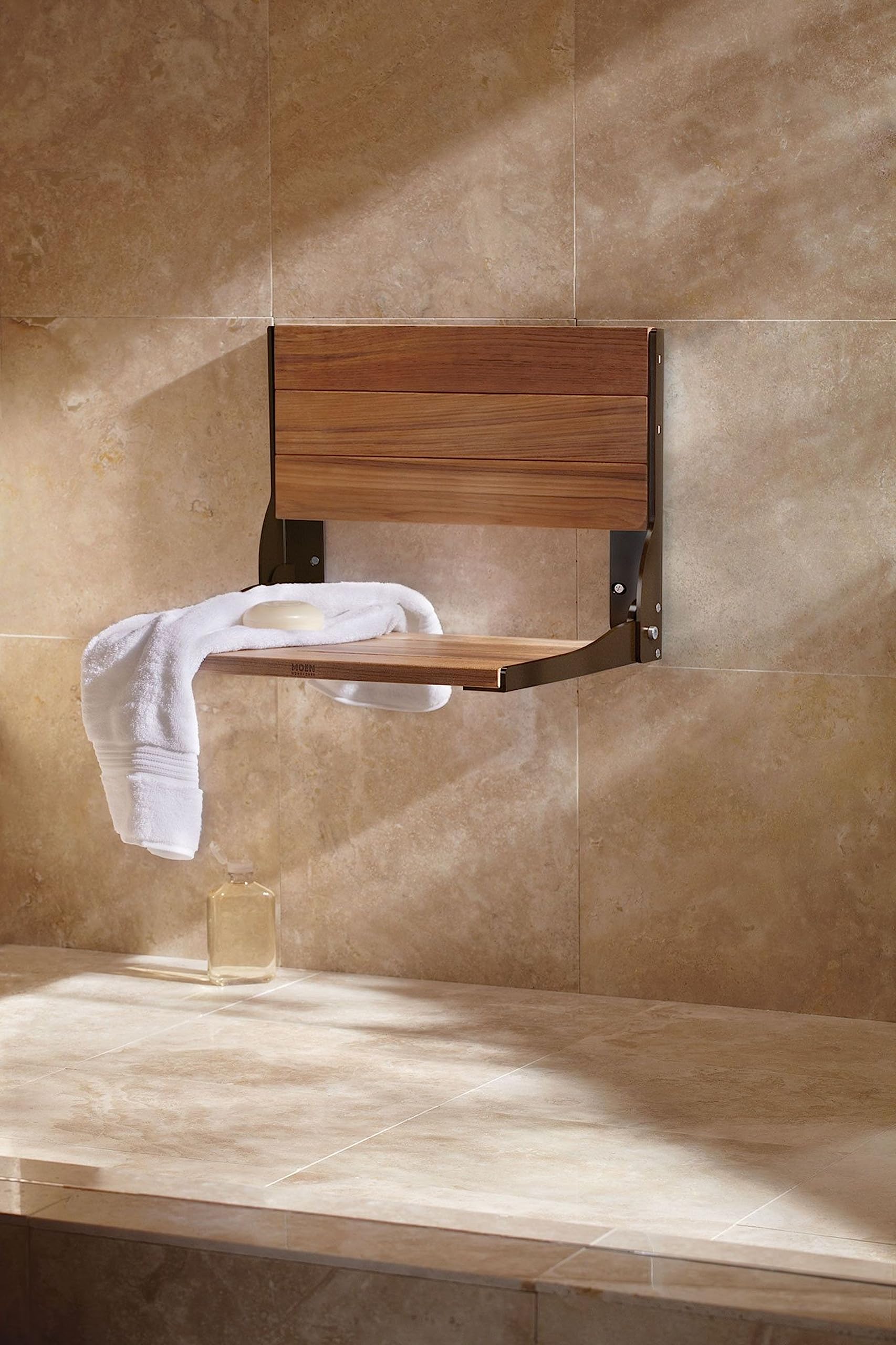 Moen DN7110OWB Wall Mounted Shower Seat - Old World Bronze Teak Wood Aluminum Folding Shower Chair | ADA Compliant Bathroom Safety Seat for Elderly & Disabled | Perfect for Small Showers & Bathroom Accessibility