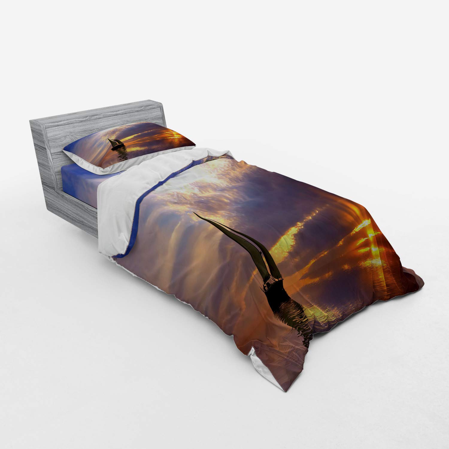 Ambesonne Sailboat 3-Piece Bedding Set - Twin XL Duvet Cover with Sham & Fitted Sheet, Marigold Blue-Grey - Nautical Themed Bedroom Decor for Couples, Honeymoon & Coastal Style Homes