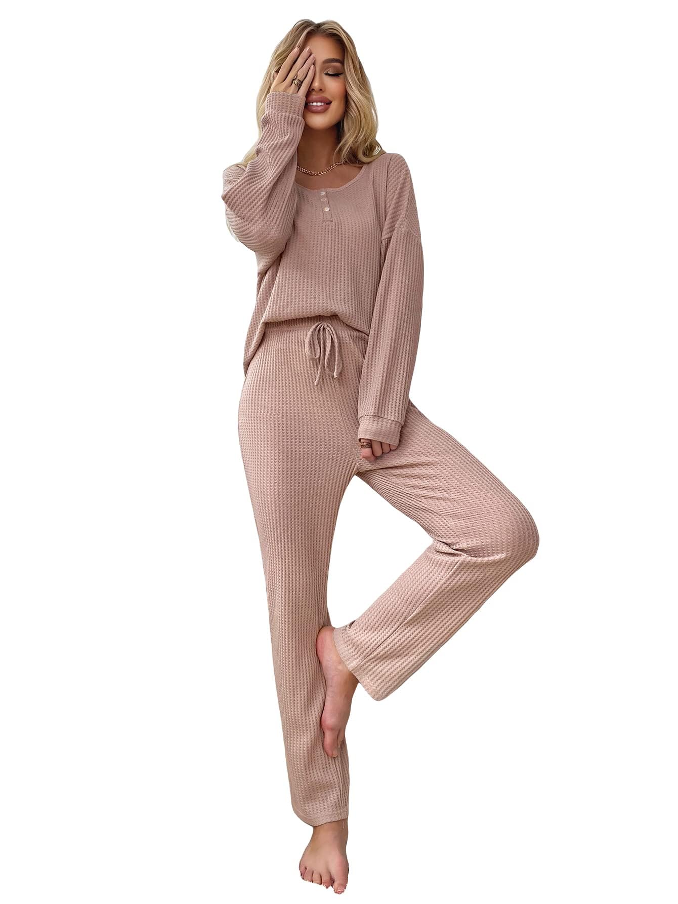 WDIRARA Women's 2-Piece Waffle Knit Lounge Set - Soft Long Pants & Top Pajama Set for Sleepwear, Loungewear & Home Comfort | Cozy Winter Outfit for Relaxing at Home