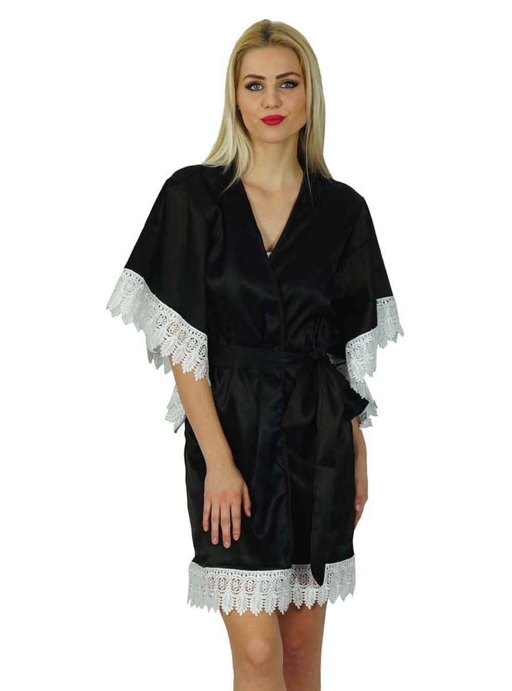 Bimba Women's Short Satin Kimono Robe with Lace Trim - Elegant Bridal & Bridesmaid Cover Up - Black - Perfect for Wedding Morning Prep, Spa Days & Boudoir Photography