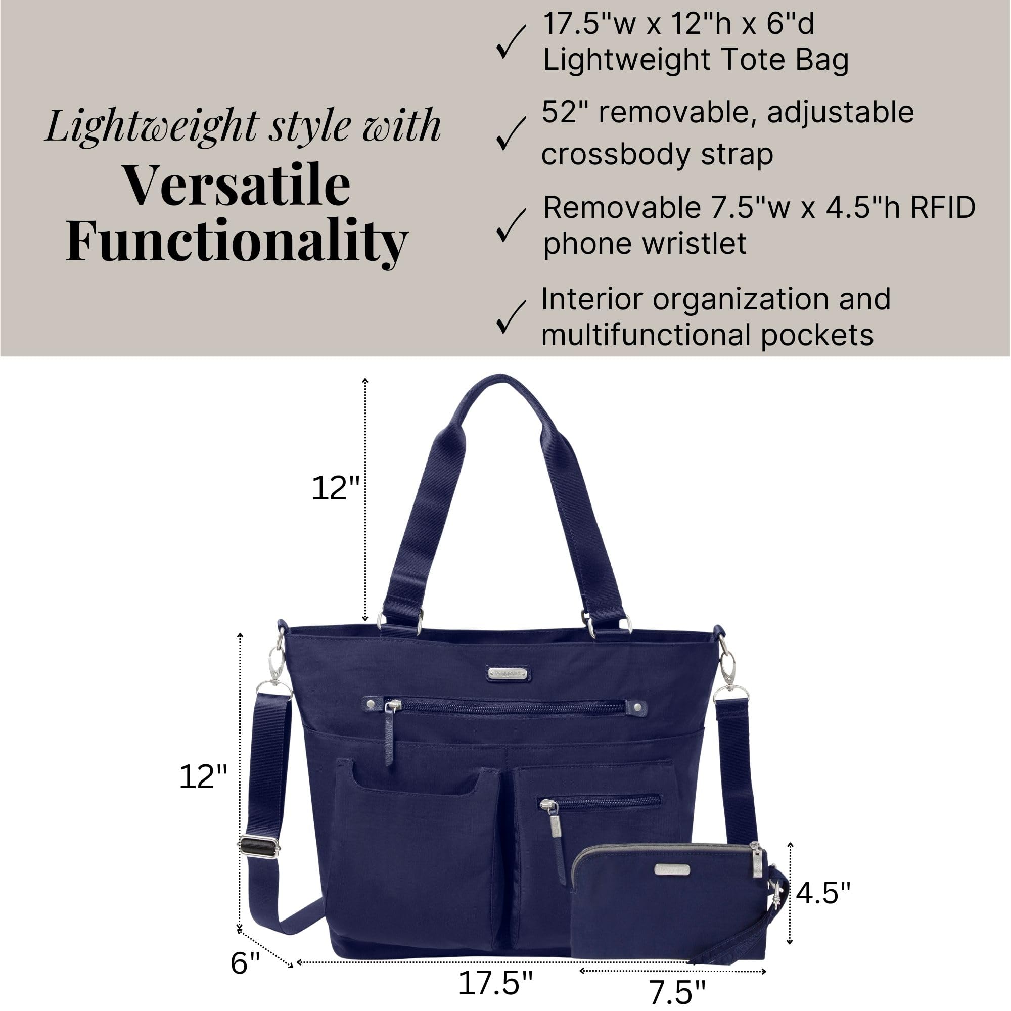 Baggallini RFID Blocking Any Day Tote Bag with Detachable Wristlet - Stylish & Secure Crossbody Purse for Women, Perfect for Travel, Work & Everyday Use