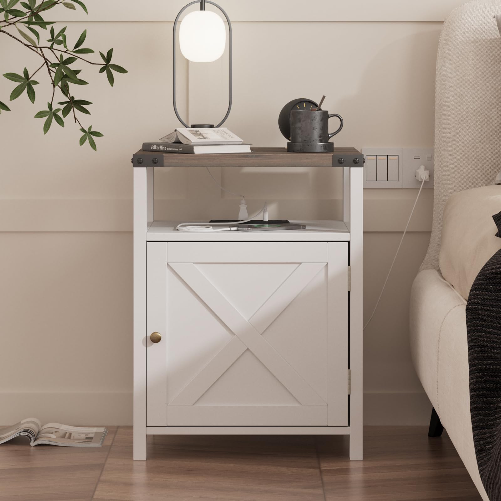 2-Piece Farmhouse Nightstand Set with USB Charging Station & Outlets - White Bedside Tables with Storage Cabinet for Bedroom & Living Room - Perfect for Small Spaces & Modern Home Decor