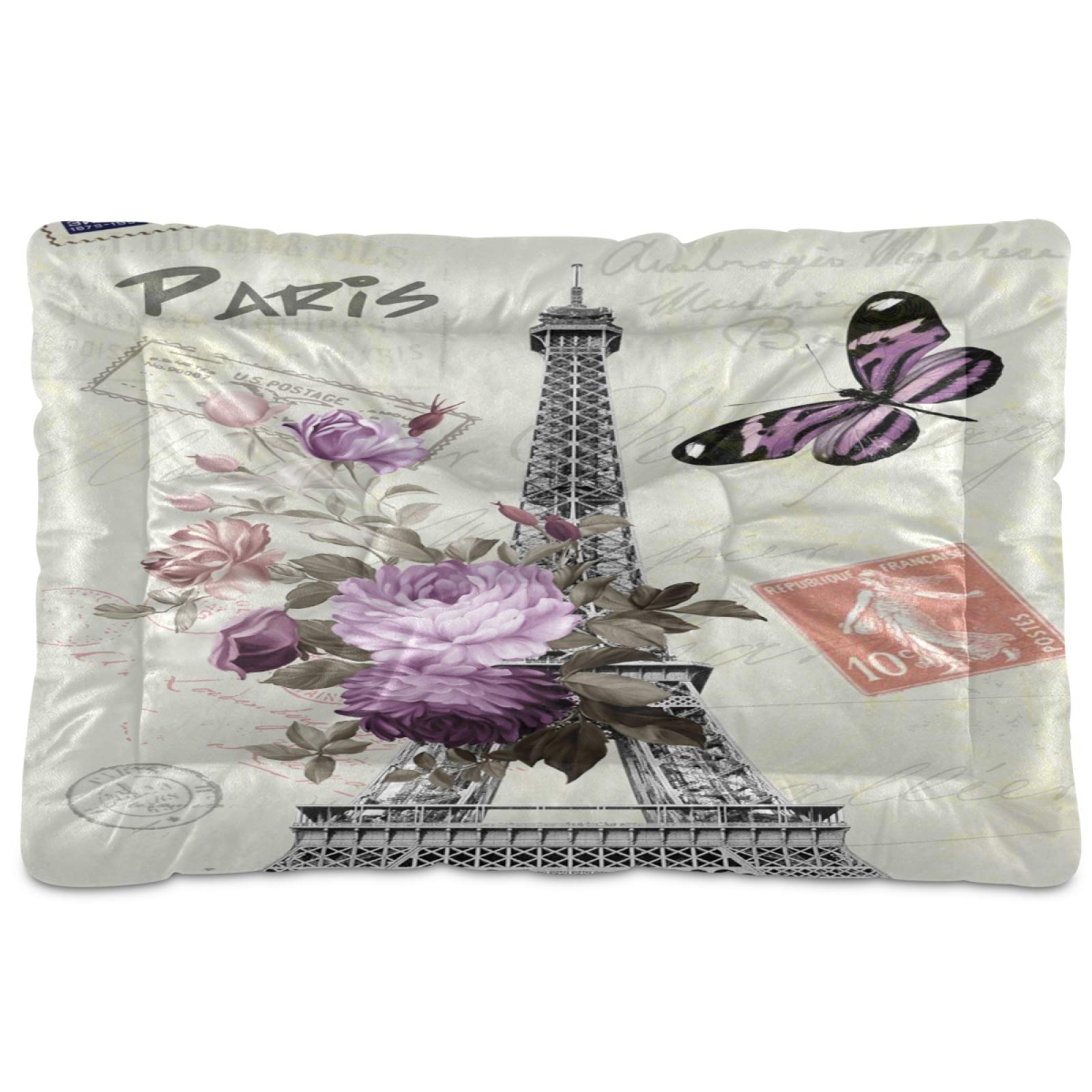 Paris Tower Butterfly Dog Bed & Cat Bed - Rectangle Ultra Soft Comfortable Pet Bed for Small, Medium & Large Dogs (36x24 Inch) - Calming Bed for Anxiety Relief, Perfect for Living Room, Bedroom & Pet Travel