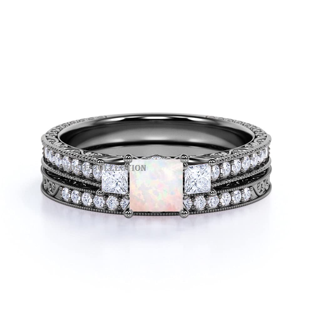Art Deco Two-Piece Wedding & Engagement Ring Set - Princess Cut Opal & CZ in 925 Sterling Silver (Multiple Colors) | Perfect for Bridal Jewelry, Anniversary Gifts & Special Occasions