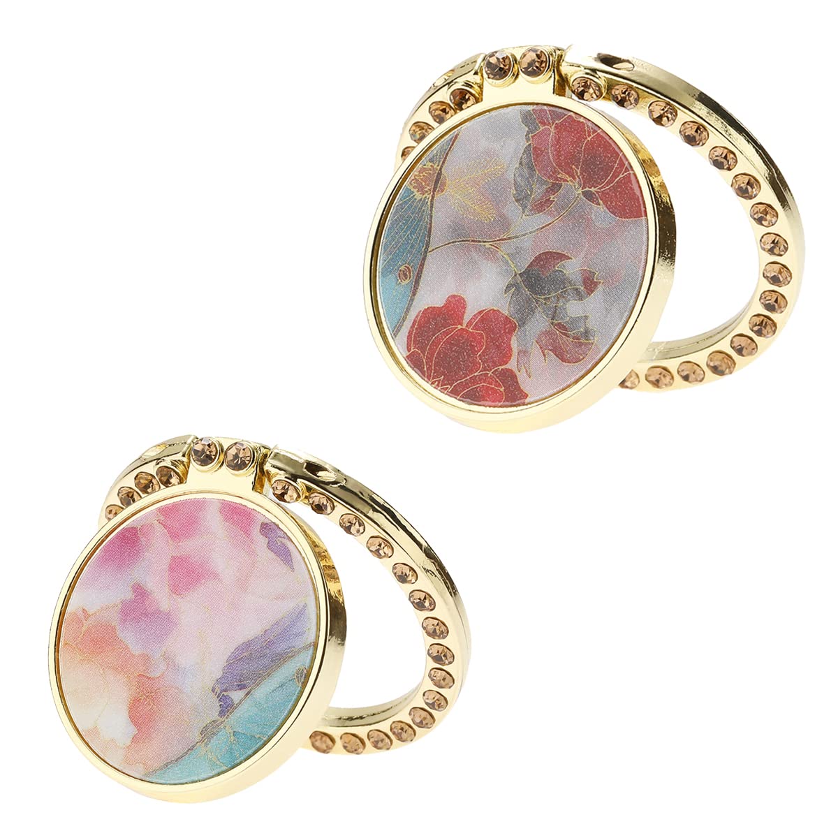 2 Pack Bling Phone Ring Holder - Metal Phone Grip & Kickstand for Magnetic Car Mount - Compatible with iPhone 14 Pro Max/13 Pro/Galaxy S22 Ultra & More - Butterfly Flower Pink & Red - Perfect for Driving, Selfies & Secure Phone Handling