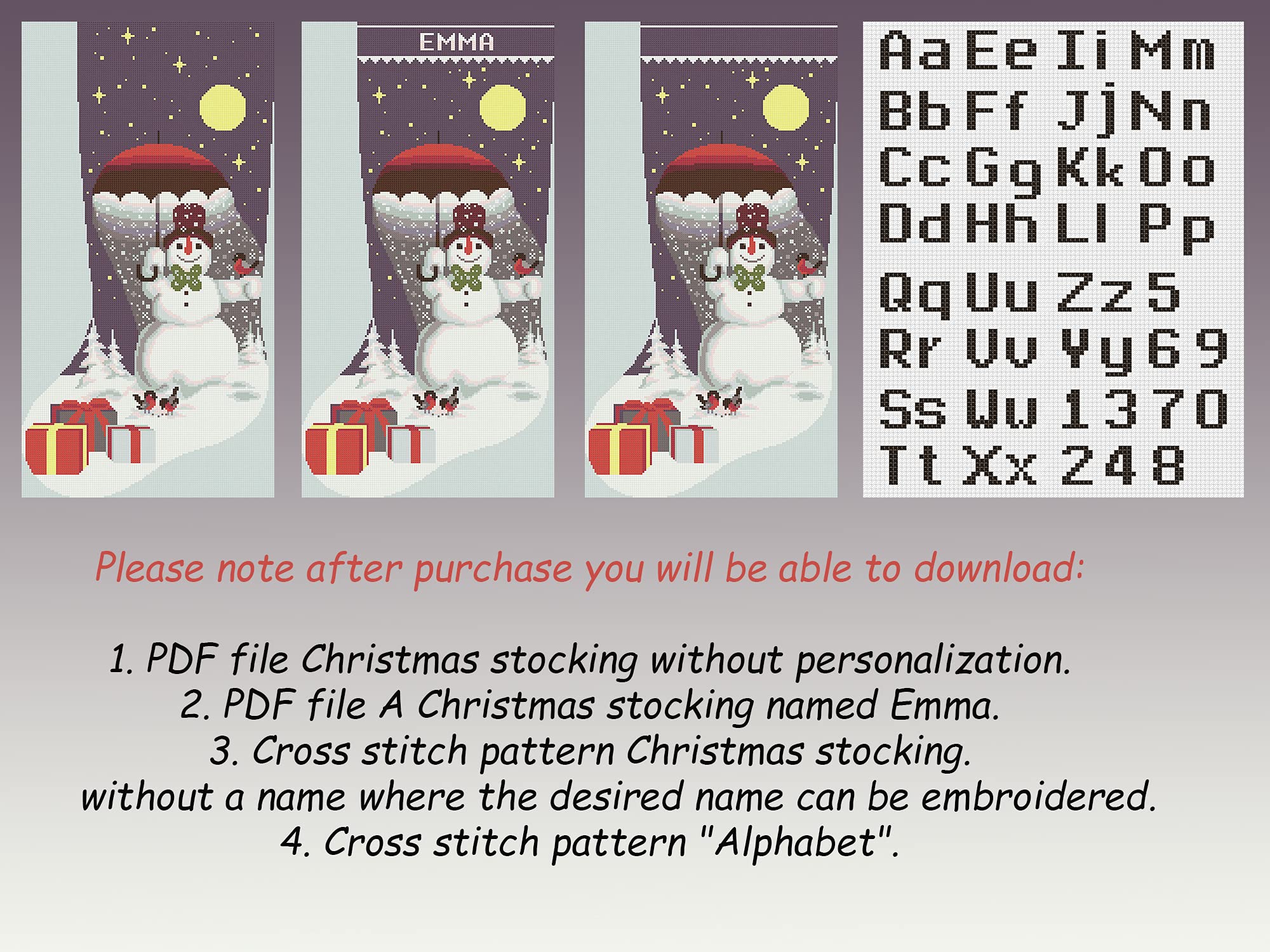 Easy Modern Cross Stitch Pattern PDF - Christmas Stocking with Cute Snowman, Moon & Stars | Holiday DIY Ornaments & Personalized Emma Stocking (Materials Not Included) | Perfect for Holiday Decorations, Handmade Gifts & Festive Home Crafting