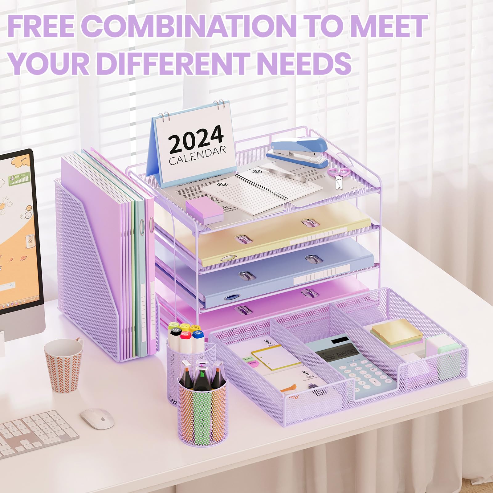 Purple 4-Tier Letter Tray Organizer with 2 Pen Holders - Desk File Organizer, Paper Clip Holder & Office Supplies Accessories for Home, Office & School Use