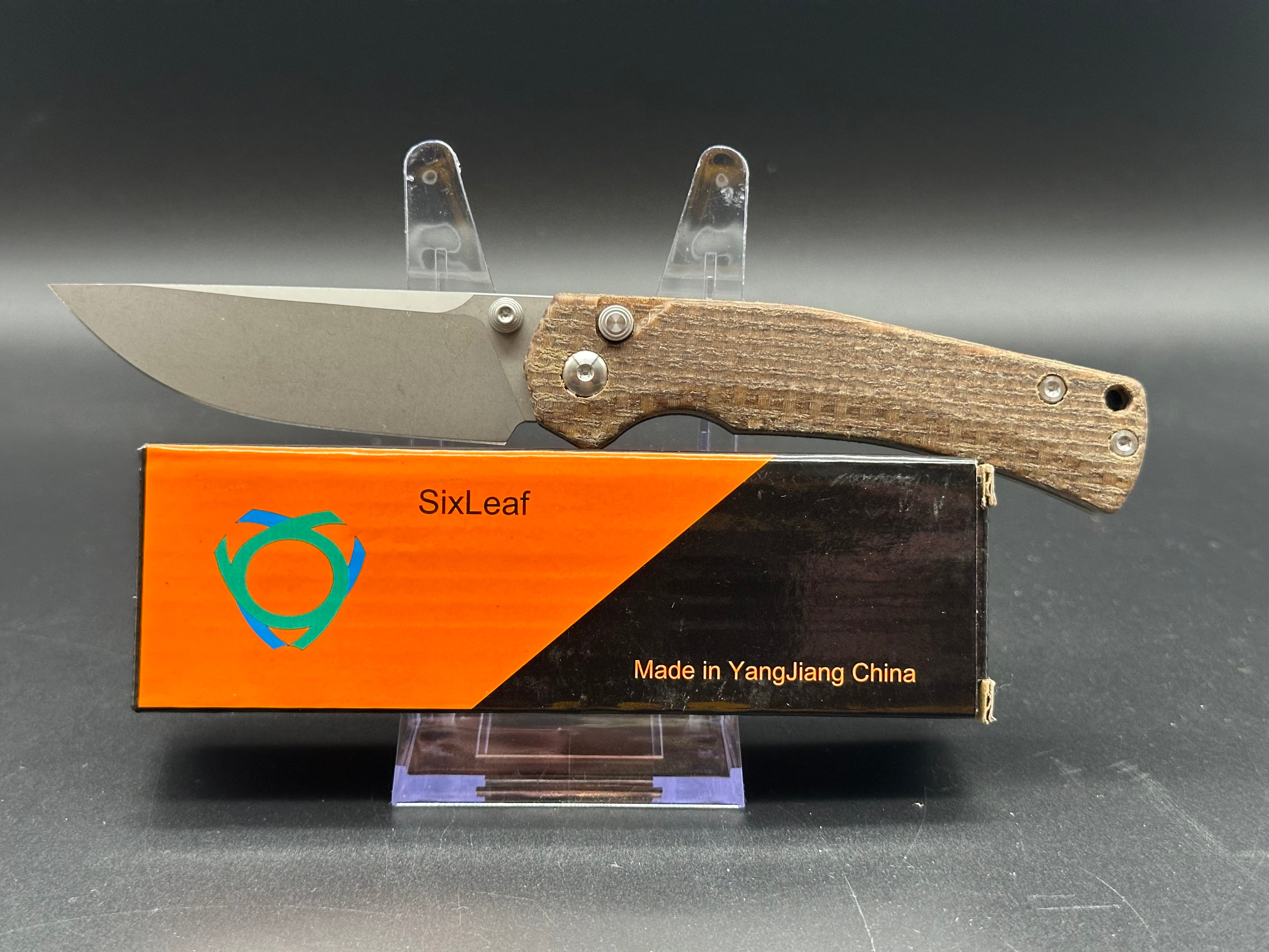 SIXLEAF SL 18 Button Lock Folding Knife - D2 Steel Plain Edge, Brown Micarta Handle - EDC Pocket Knife for Camping, Hiking & Outdoor Survival