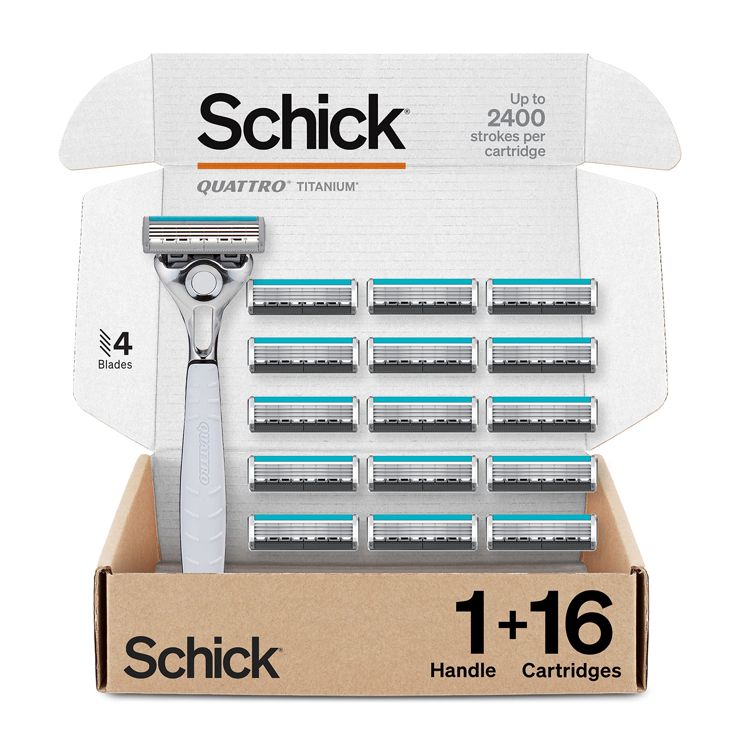 Schick Quattro Titanium Men's Razor with 16 Blade Refills | 4-Blade Shaving System for Smooth Shave | Perfect for Travel, Gym & Daily Grooming Routine