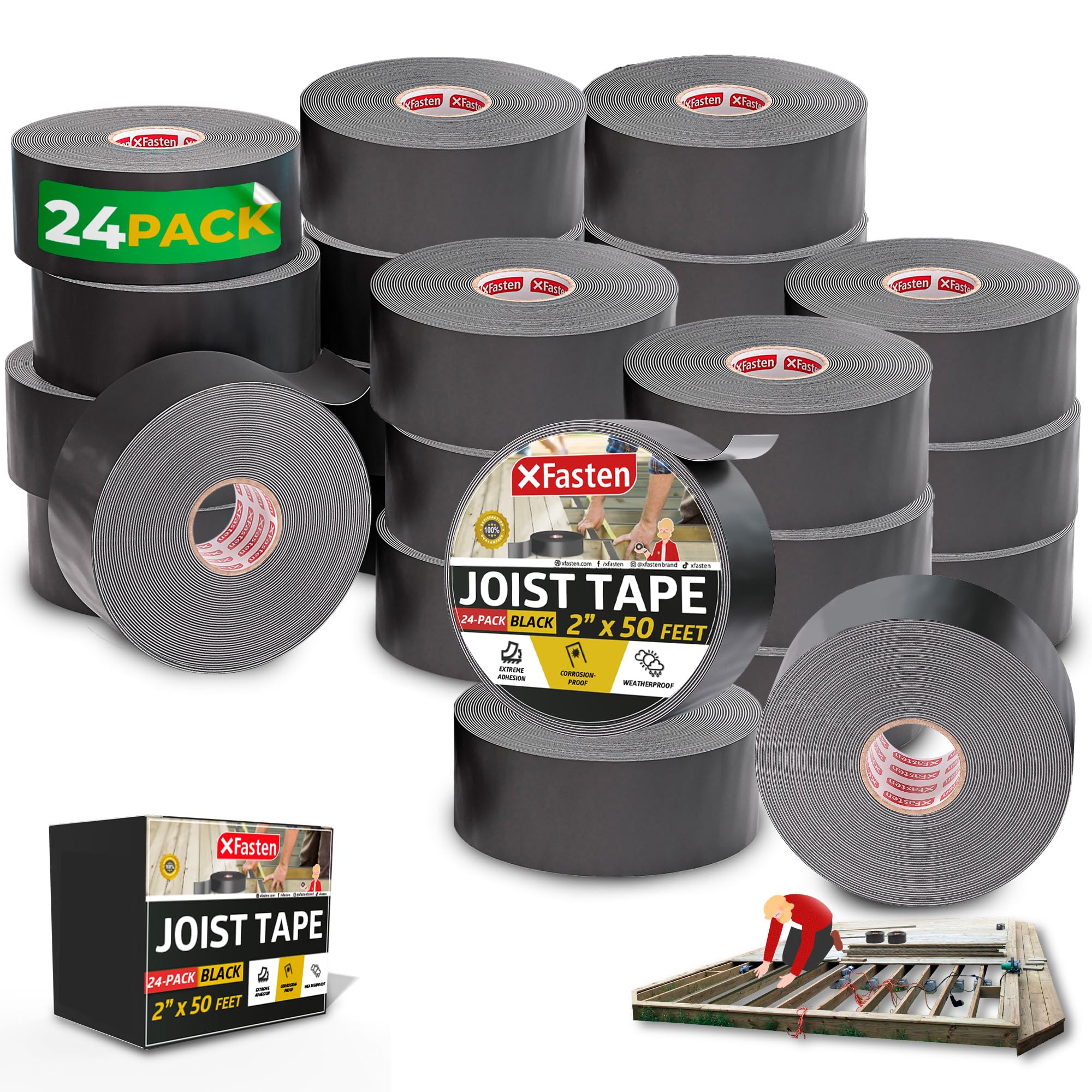 XFasten 2 Inch x 50 Feet Butyl Joist Tape (24-Pack) - Waterproof Deck Flashing Tape for Roofing, Decking & Construction | Professional Sealant for Waterproofing & Protection - Black
