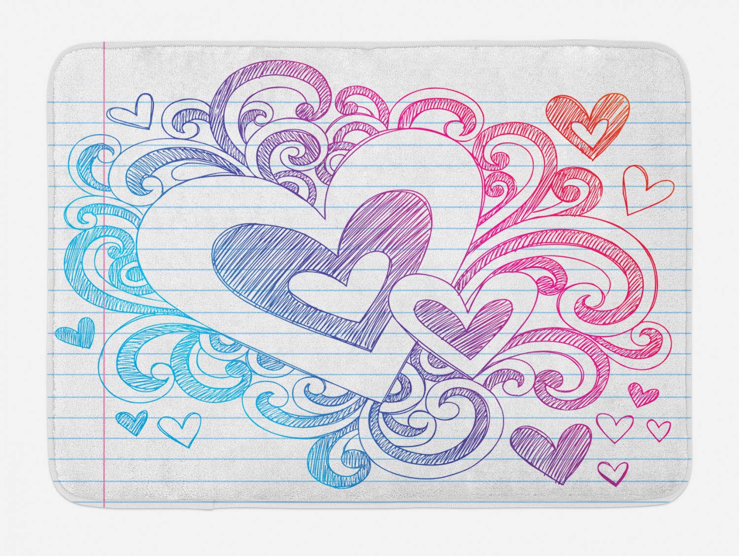 Ambesonne Sketch Art Bath Mat - Ombre Color Change Hearts & Curls Doodle Design, Non-Slip Plush Bathroom Rug, 30.2