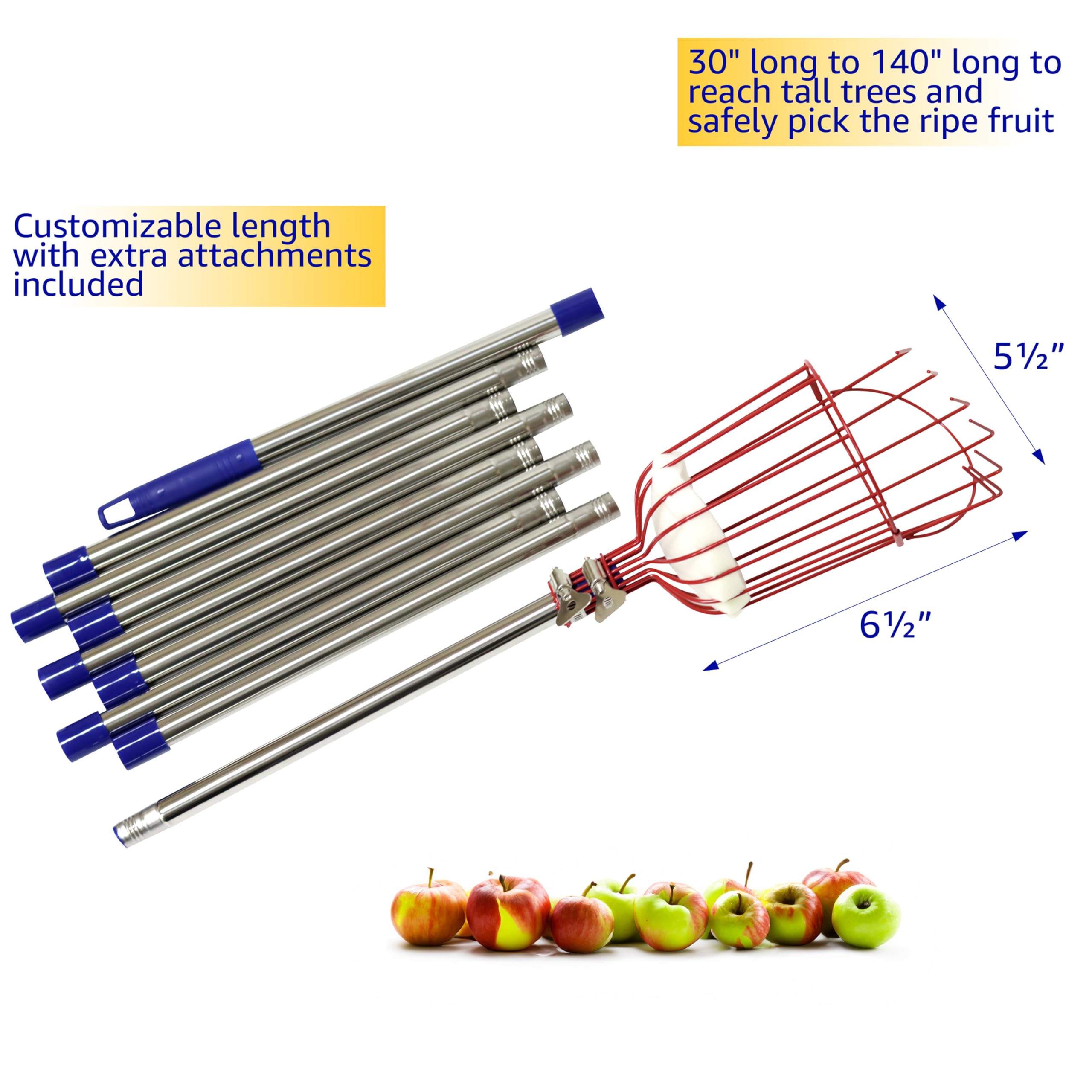 Trademark Innovations Fruit Picker Tool - Extendable Stainless Steel Fruit Harvester with Basket for Apples, Pears & Citrus - Perfect for Home Garden, Orchard & Farm Use