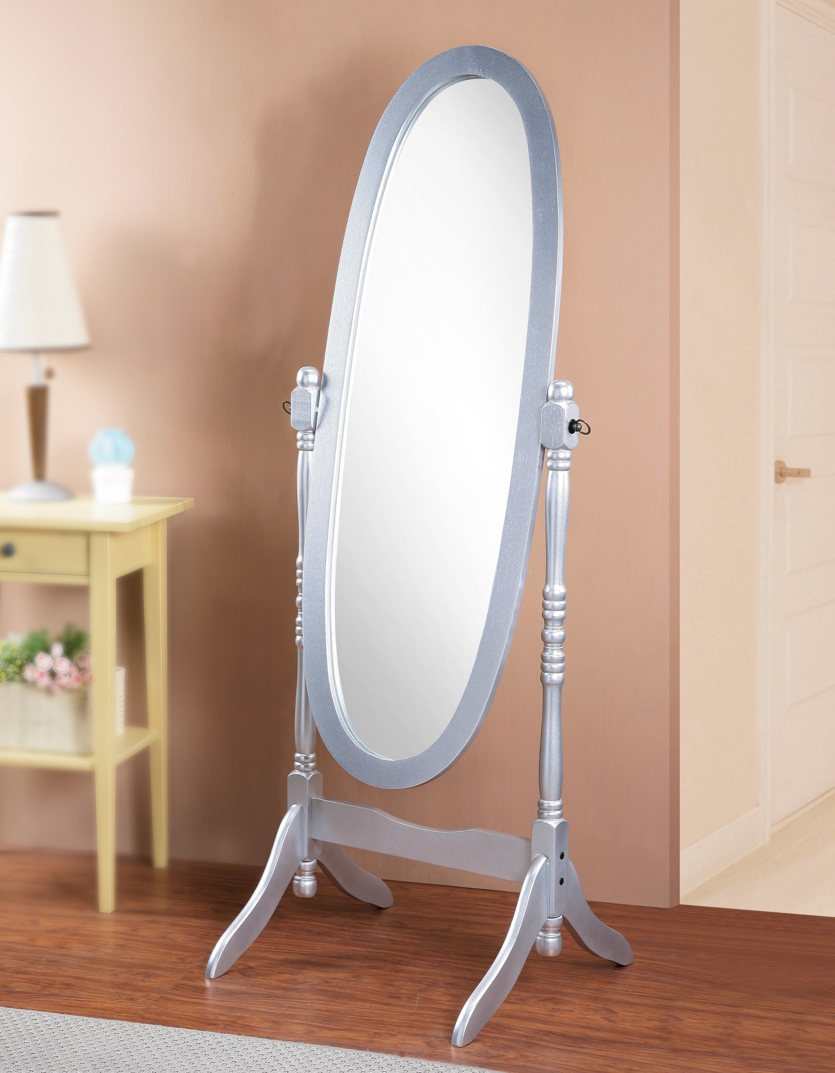 Roundhill Furniture Traditional Queen Anne Style Wood Floor Cheval Mirror with Silver Finish - Elegant Full-Length Mirror for Bedroom, Living Room, or Dressing Area