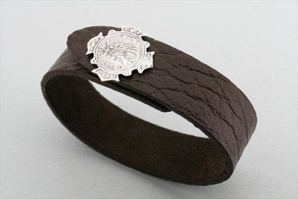 Sterling Silver Coin Cross Button Leather Cuff Bracelet - Stylish Unisex Jewelry for Everyday Wear & Special Occasions