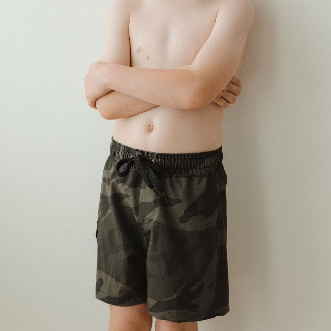 Camo Jr. Swim Trunks for Boys - Quick Dry Kids Swim Shorts with UPF 50+ Sun Protection - Perfect for Pool, Beach, and Summer Water Activities