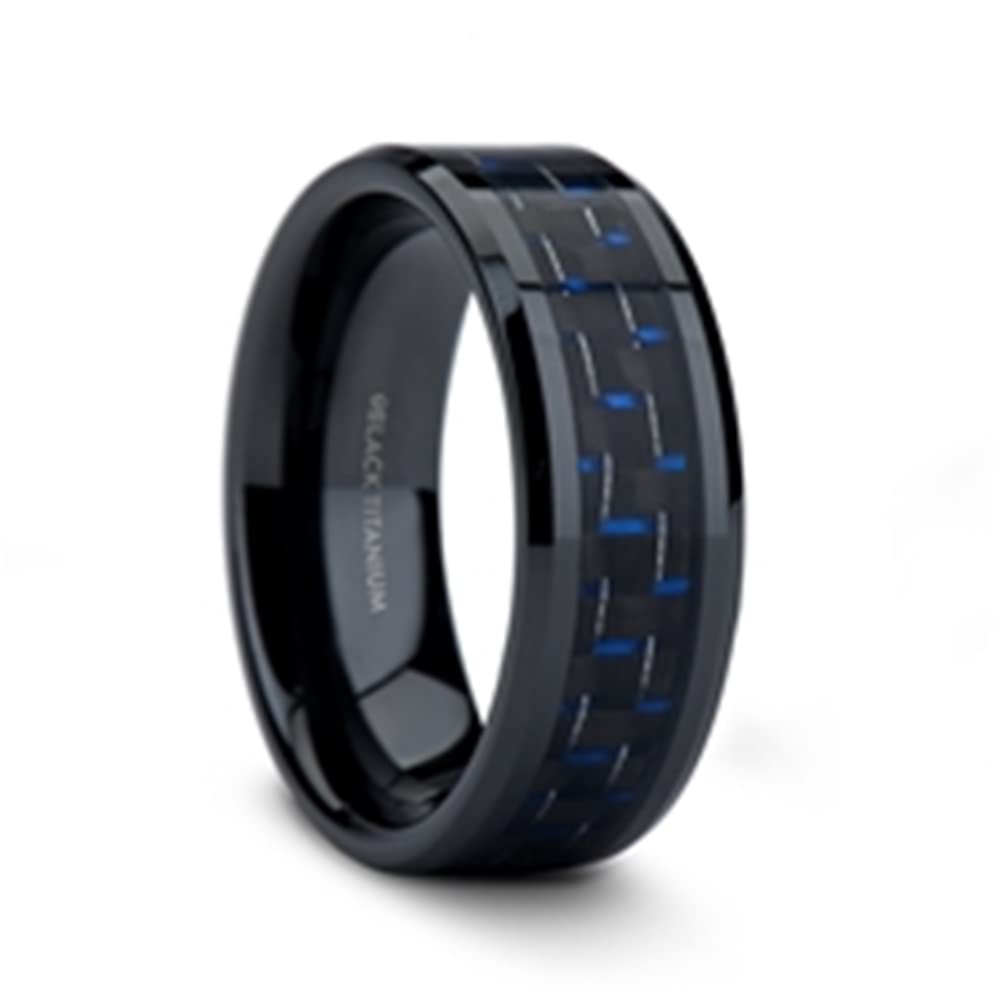 Roy Rose Jewelry Men's Black Titanium & Blue Carbon Fiber Wedding Band - Comfort Fit Beveled Edge 8mm Wide Ring - Perfect for Engagement, Anniversary & Gifts - Style Name: Zayden