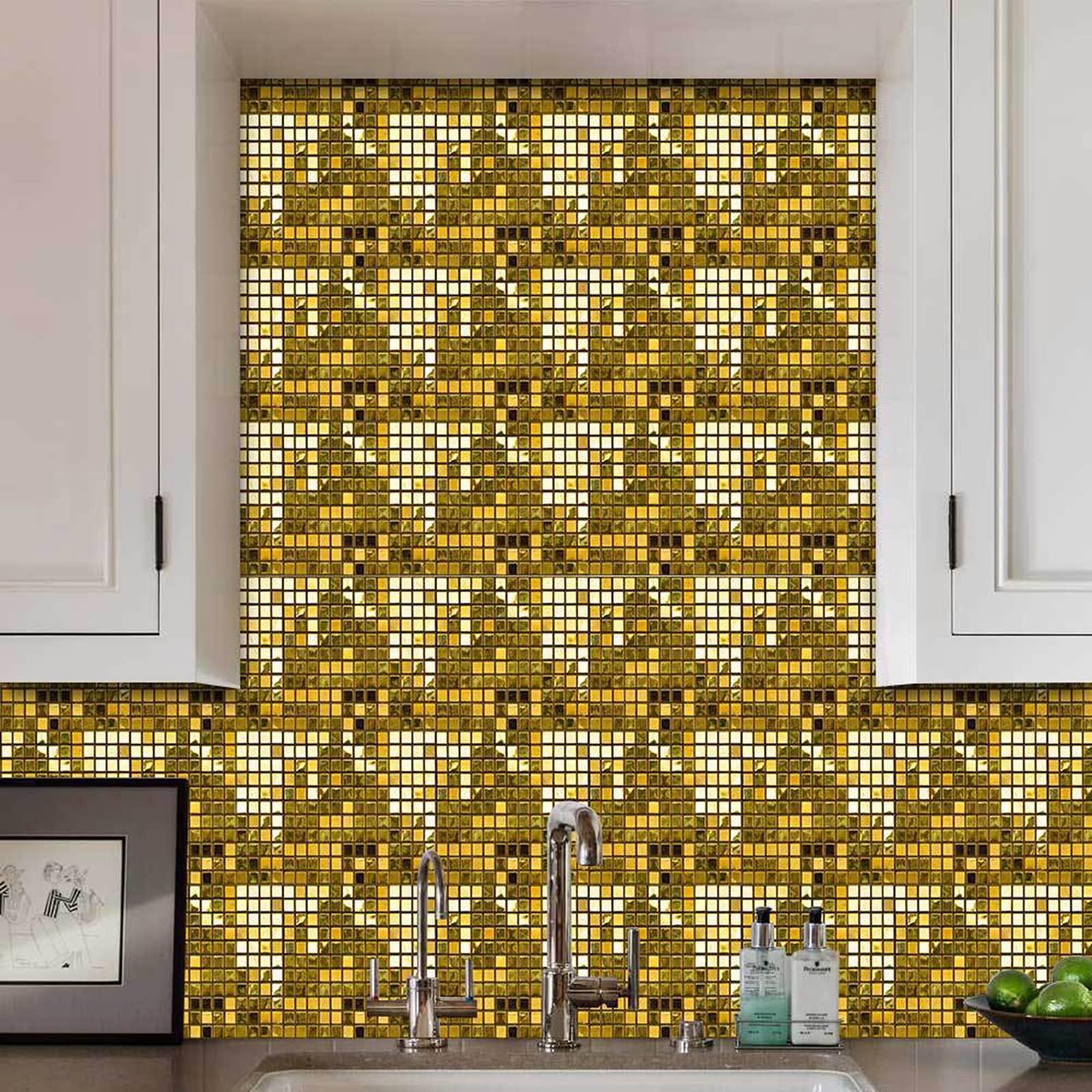 3D Mosaic Wall Panel - Peel and Stick PVC Wall Stickers for Kitchen Backsplash, Bathroom & Living Room Decor - Self-Adhesive Stone Design Tile (8x8 Inch, Gold) - Easy DIY Home Improvement Solution