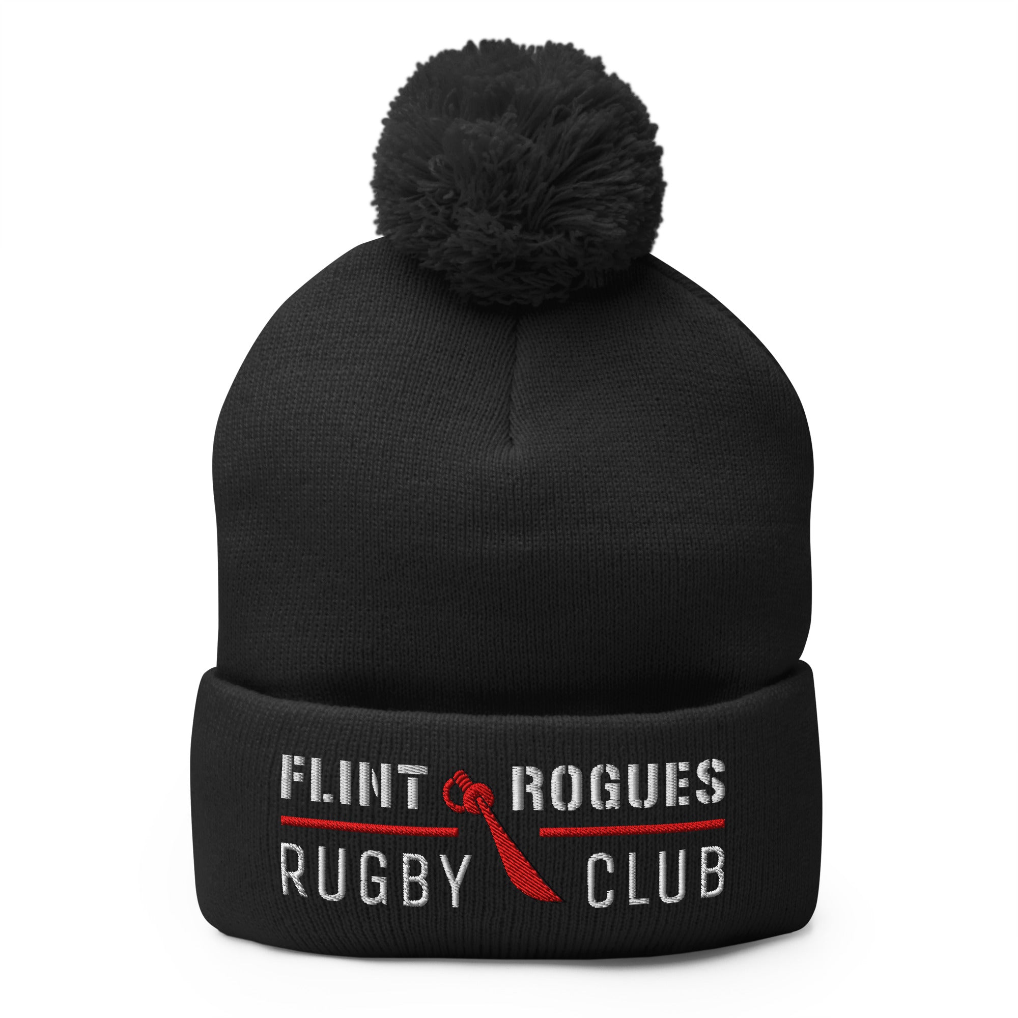 Flint Rogues RFC Pom Beanie - Winter Knit Hat for Men & Women - Soft Warm Skull Cap with Faux Fur Pom - Perfect for Snowboarding, Skiing, and Outdoor Activities