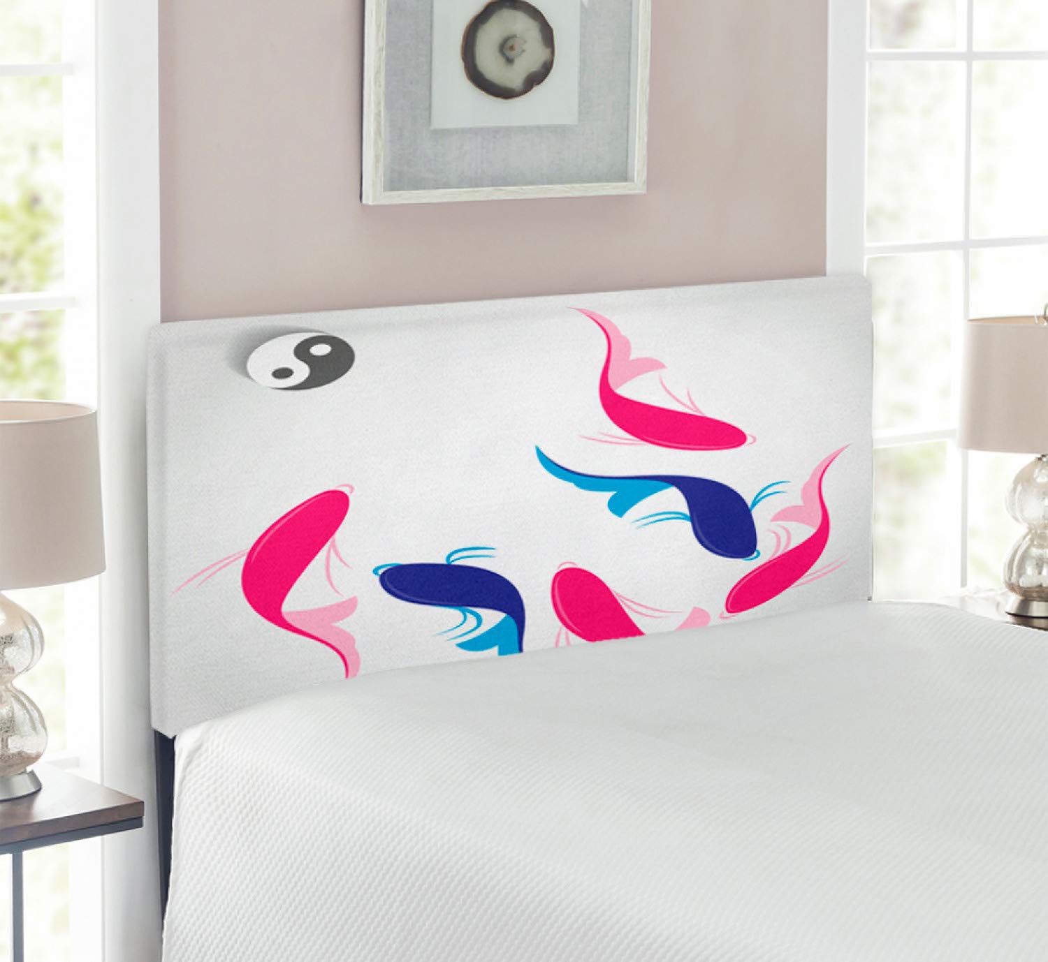 Ambesonne Japanese Yin Yang Squid Fish Headboard - Twin Size Upholstered Metal Bed Frame with Memory Foam in Pink & Blue | Marine Theme Bedroom Decor for Coastal, Zen or Kids Room
