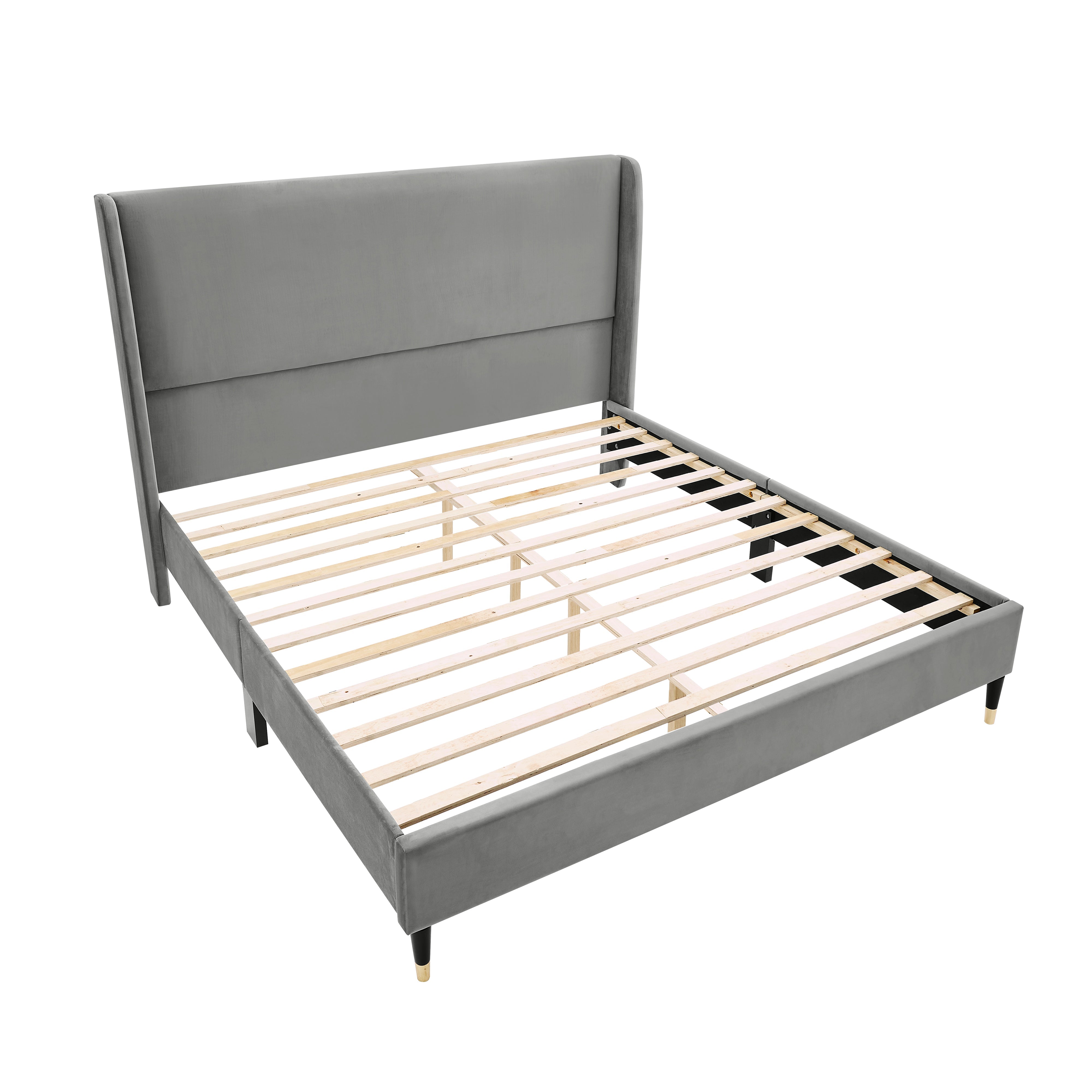 Roundhill Furniture Rozitta Upholstered Wingback Platform Bed Frame - Queen Size Upholstered Bed with Button Tufted Headboard for Bedroom, Modern Luxury Bed Frame with Sturdy Wooden Slat Support (Perfect for Master Bedroom, Guest Room or Apartment)
