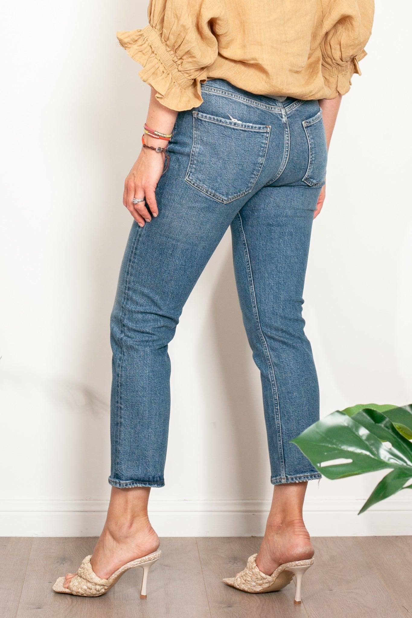 AGOLDE Riley High Rise Distressed Jeans for Women - Vintage Blue Denim Skinny Jeans with Raw Hem | Perfect for Casual Outfits, Street Style & Everyday Wear
