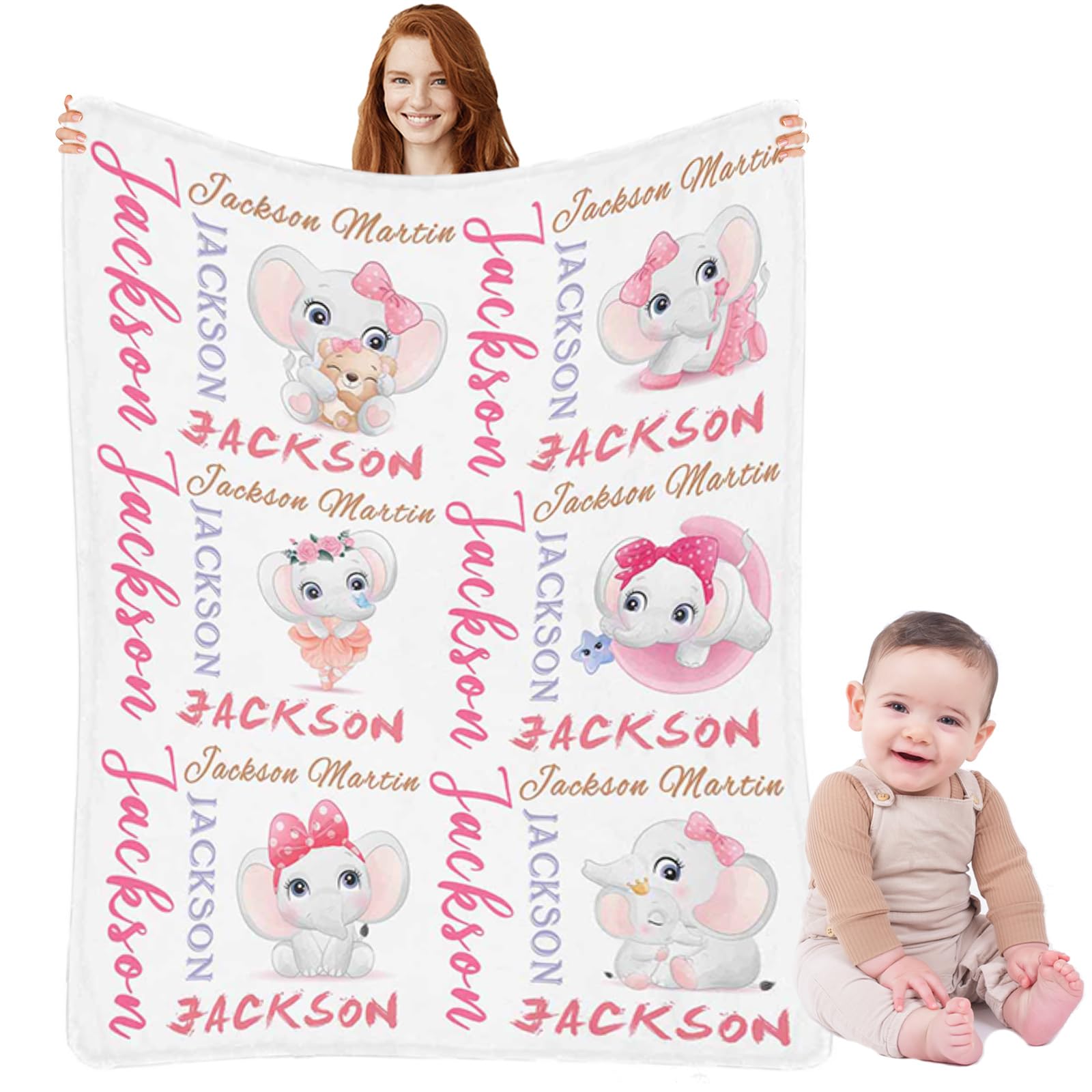 Personalized Baby Blanket with Name - Custom Monogram Elephant Blanket for Boys & Girls, Soft Receiving Blanket for Newborn Toddler Kids | Perfect for Baby Showers, Birthdays & Nursery Decor