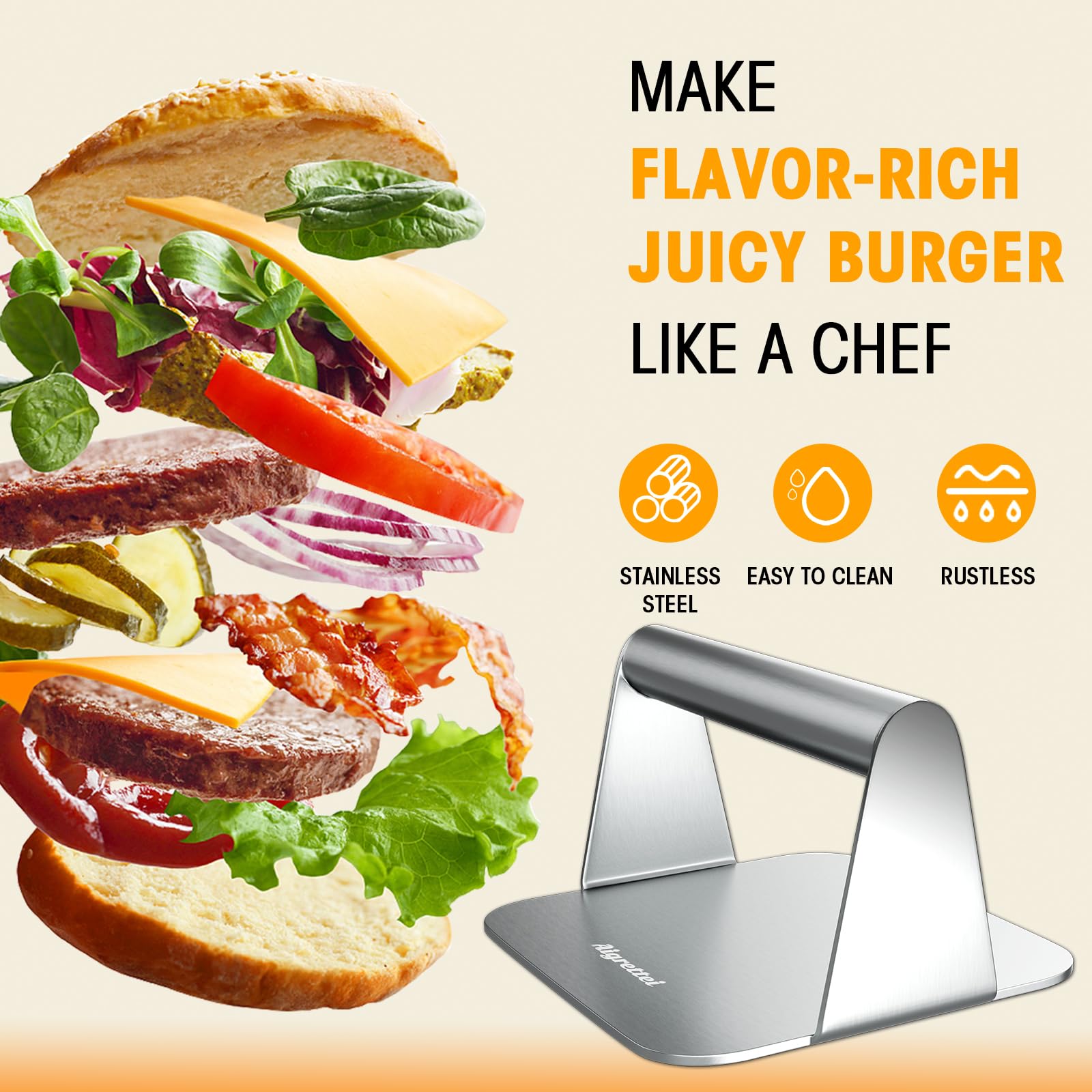Heavy Duty Stainless Steel Burger Press - Non-Stick Hamburger Patty Maker for Grill, Griddle & BBQ - Perfect for Burgers, Bacon, Ham & Sandwiches - Dishwasher Safe & Rustproof - 5.5x5.5 Inches - Ideal for Backyard BBQs, Camping & Outdoor Cooking
