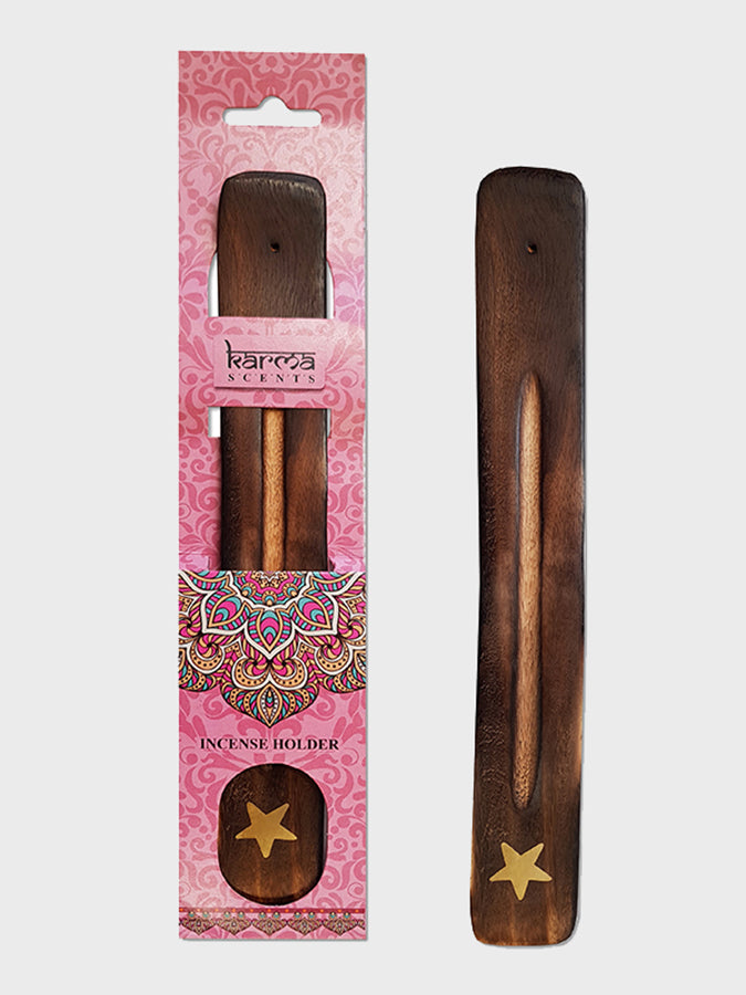 Namaste Karma Scents Brass Inlay Mango Wood Incense Ash Catcher Holder - Handcrafted Spiritual Decor for Yoga, Meditation & Home Aromatherapy