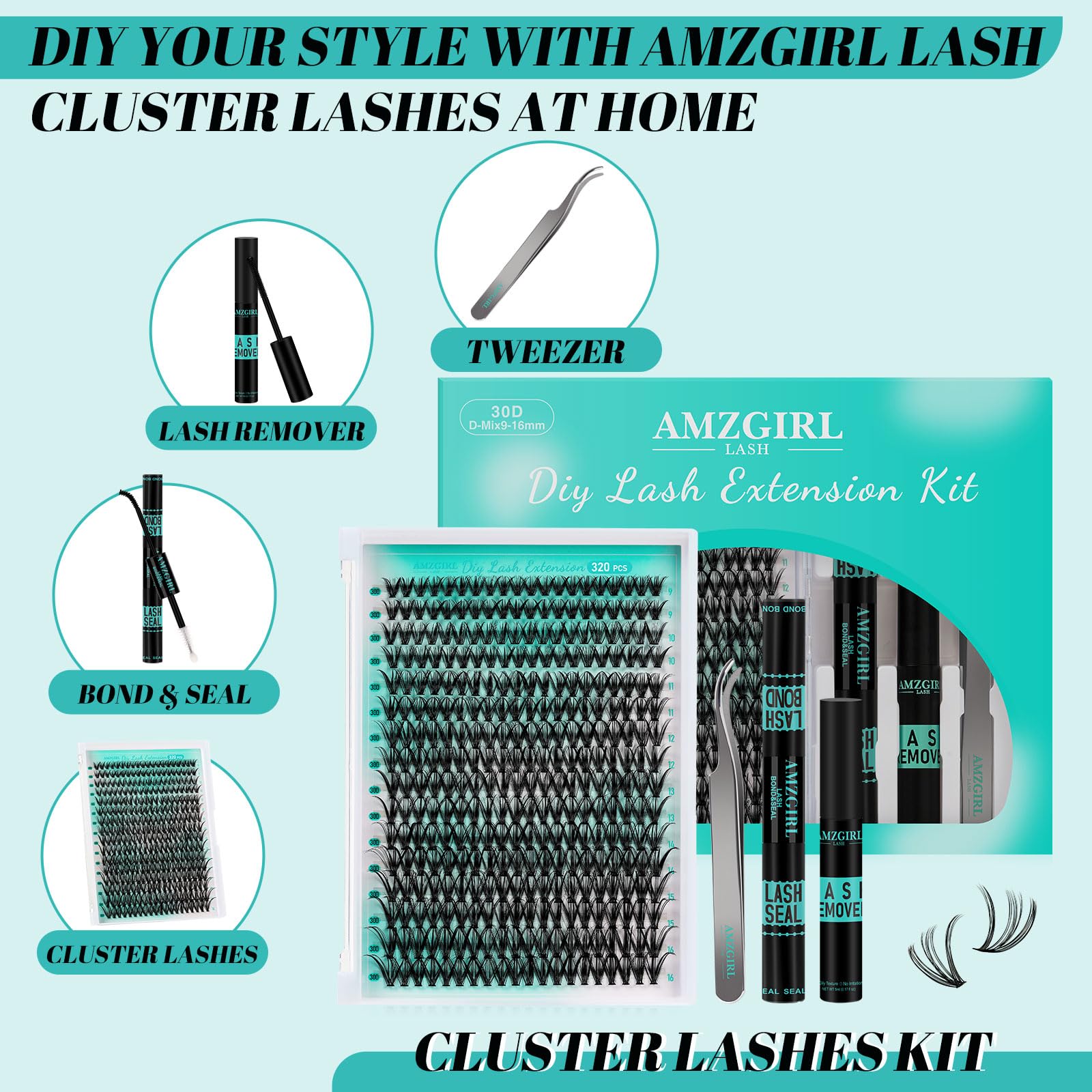 Professional DIY 320Pcs Lash Extension Kit - Individual Eyelash Clusters with Bond, Seal & Remover - 30D, D-Mix 9-16mm for Home & Salon Use - Perfect for Bridal, Party & Special Occasion Makeup